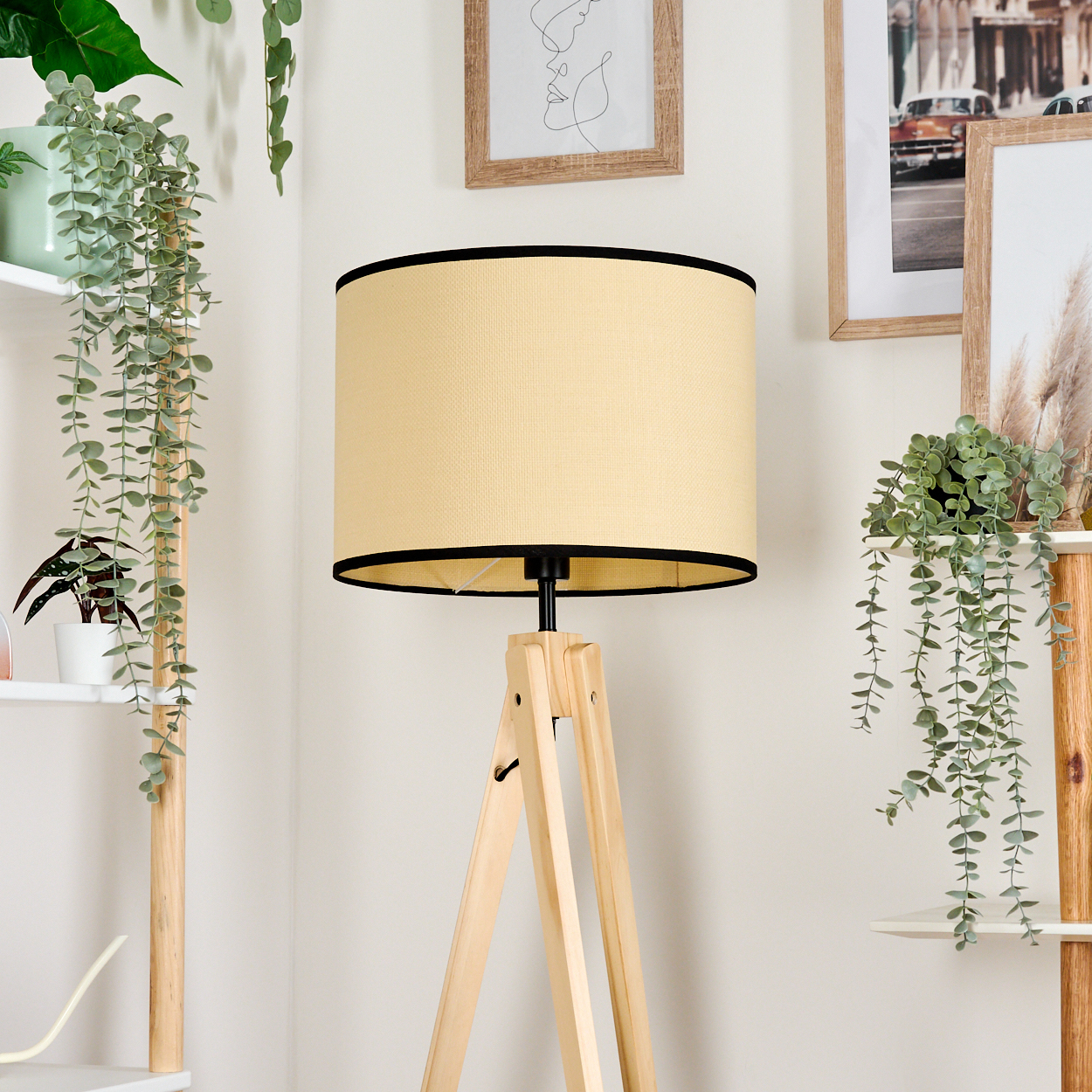 Eine Stehlampe mit cremefarbenem Schirm und schwarzer Umrandung steht auf einem Holzstativ. Pflanzen und gerahmte Bilder schmücken die Wand.