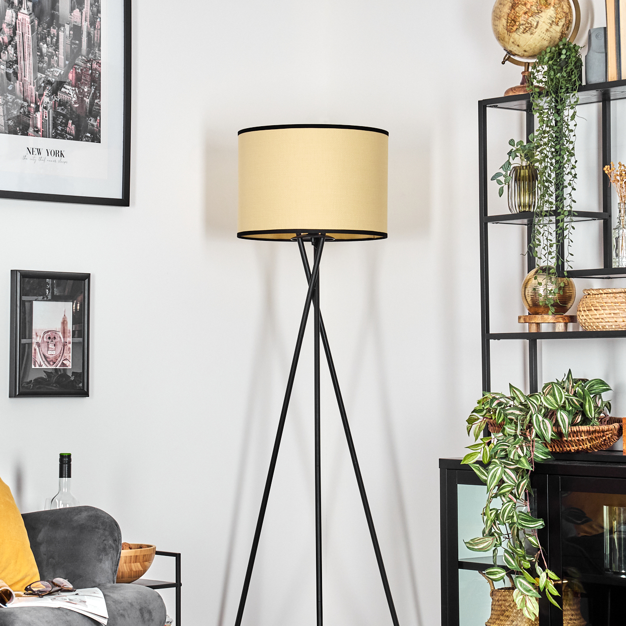 Ein Raum mit Stehlampe, Regal mit Pflanzen und gerahmten Bildern. Sofa und Globus sind ebenfalls sichtbar.