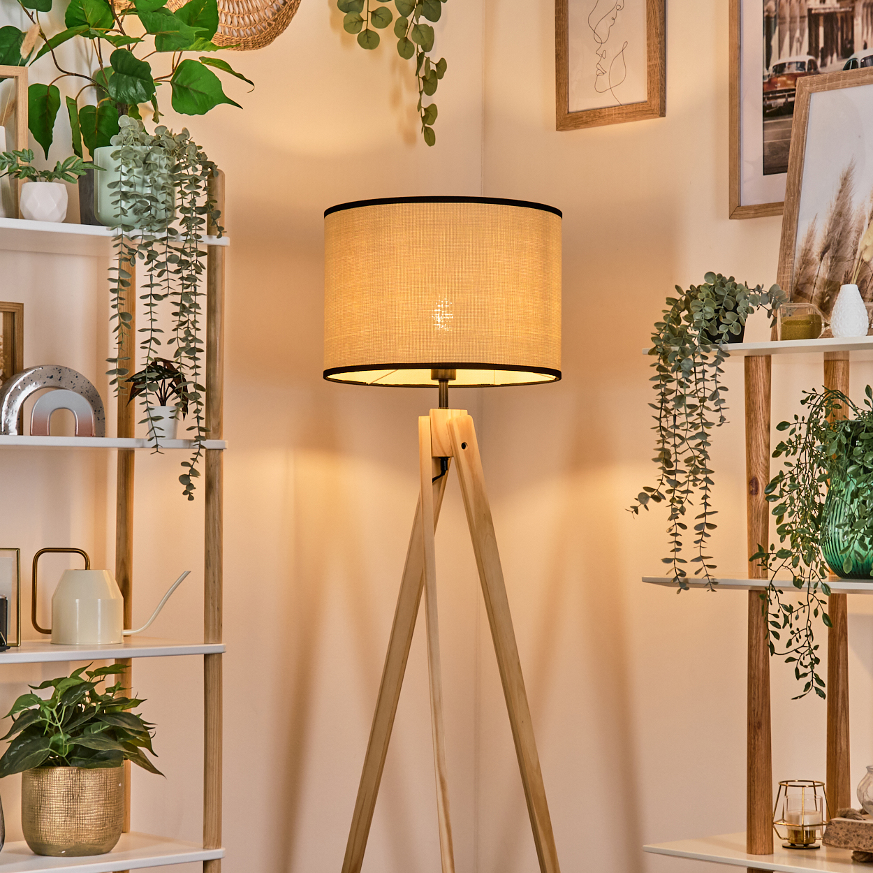 Eine hölzerne Stativlampe beleuchtet einen Raum mit Pflanzen auf Regalen und hängend. Bilder an der Wand ergänzen die Einrichtung.