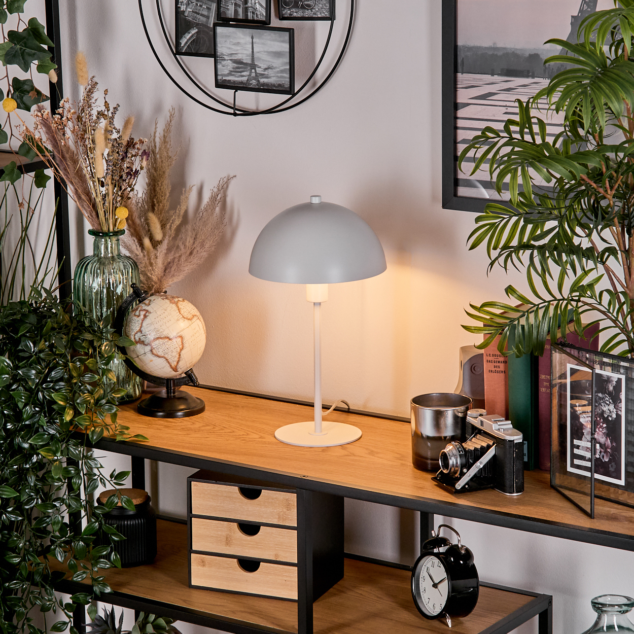 Ein Regal mit Lampe, Globus, Kamera und Dekorationsartikeln. Ein schwarz gerahmtes Bild und eine Uhr.