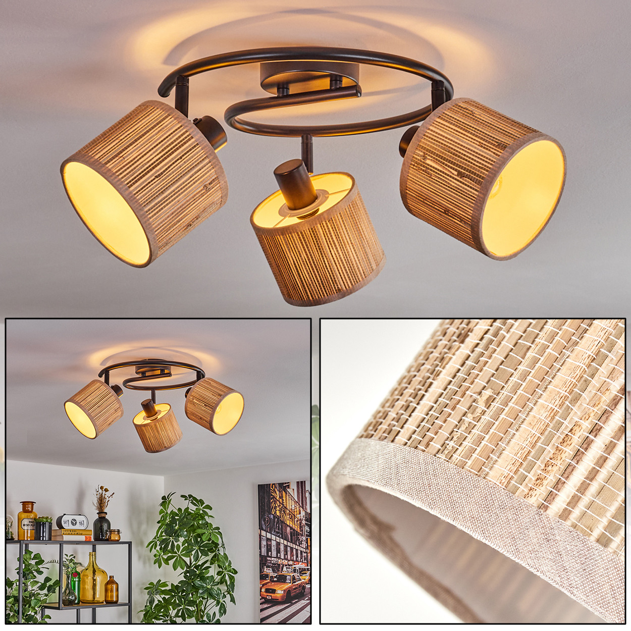 Eine Deckenleuchte mit drei Lampen. Jede Lampe hat einen gewebten Schirm. Die Leuchte ist dunkelbraun. Der Hintergrund ist eine weiße Decke.