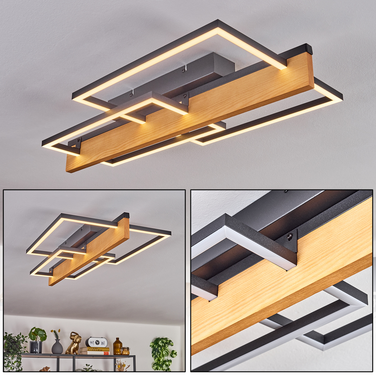 Eine moderne Deckenleuchte mit Holzbalken und schwarzen Metallrahmen, beleuchtet von weißen LED-Leuchten. Der Hintergrund ist eine weiße Decke.