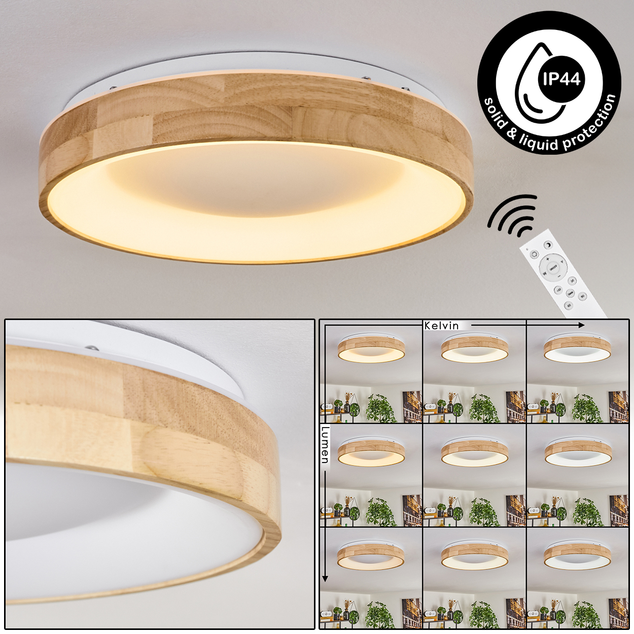Eine Deckenleuchte mit Holzverkleidung und weißem Innenraum. Eine Fernbedienung ist abgebildet. Eine Tabelle zeigt verschiedene Lichteinstellungen.