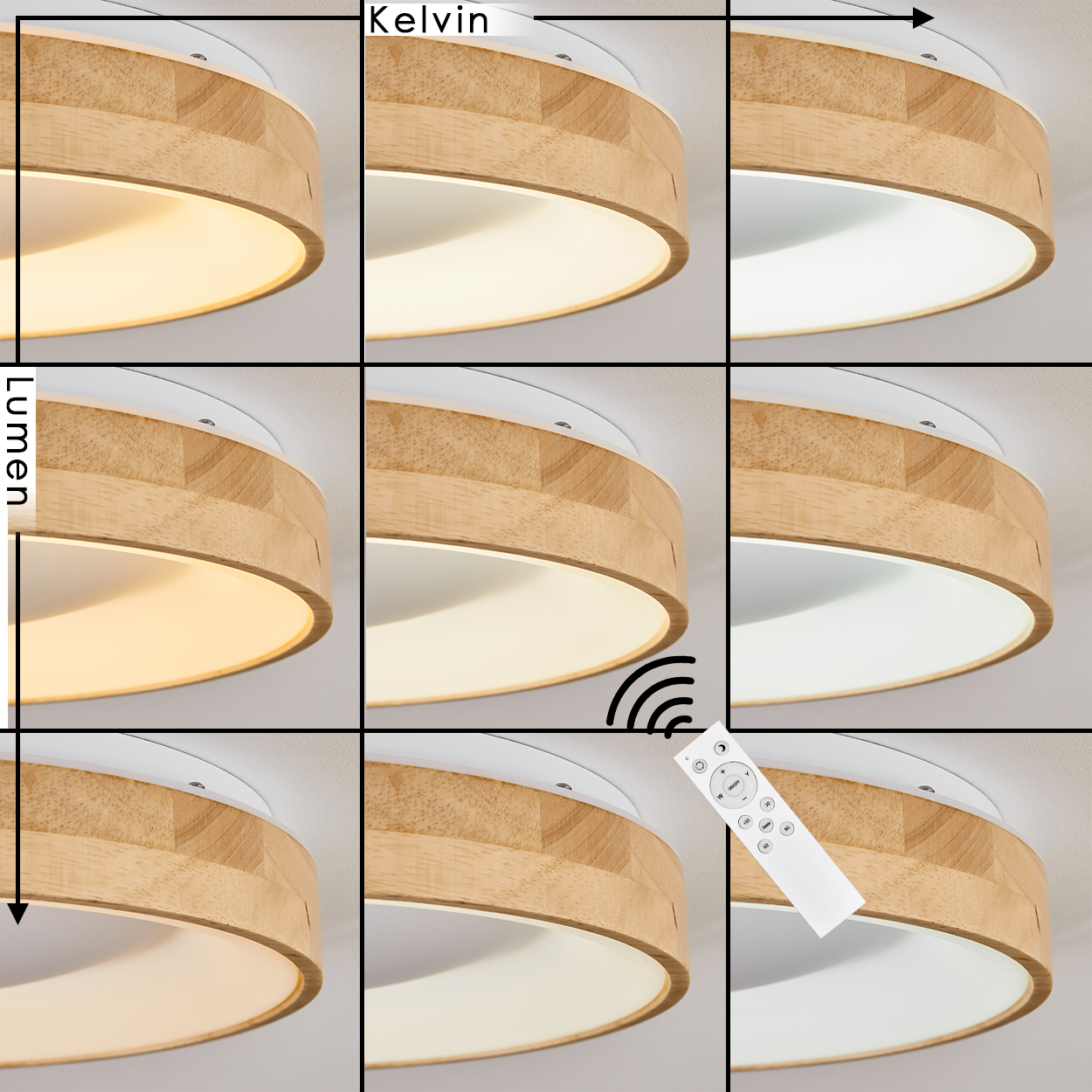 Neun Deckenleuchten mit Holzrahmen, variierend in Lichtintensität und Farbtemperatur. Eine Fernbedienung ist vorhanden, die die Lichter steuert.