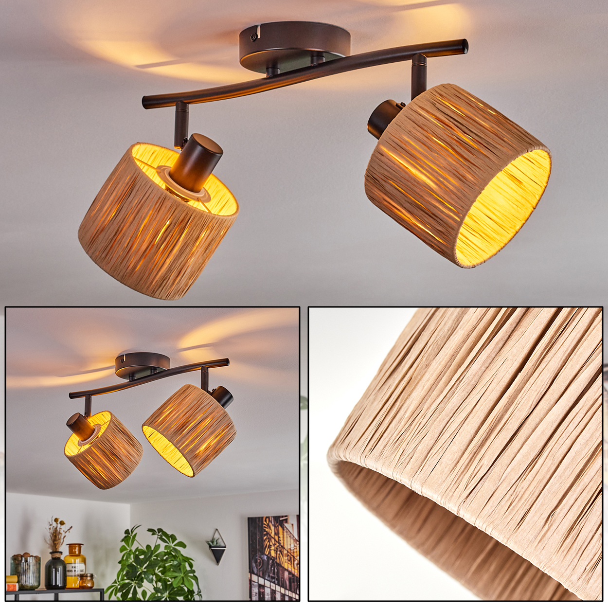 Deckenleuchte mit zwei zylindrischen Schirmen. Die Schirme sind beige, mit einem braunen Metallrahmen. Der Hintergrund ist eine weiße Decke.