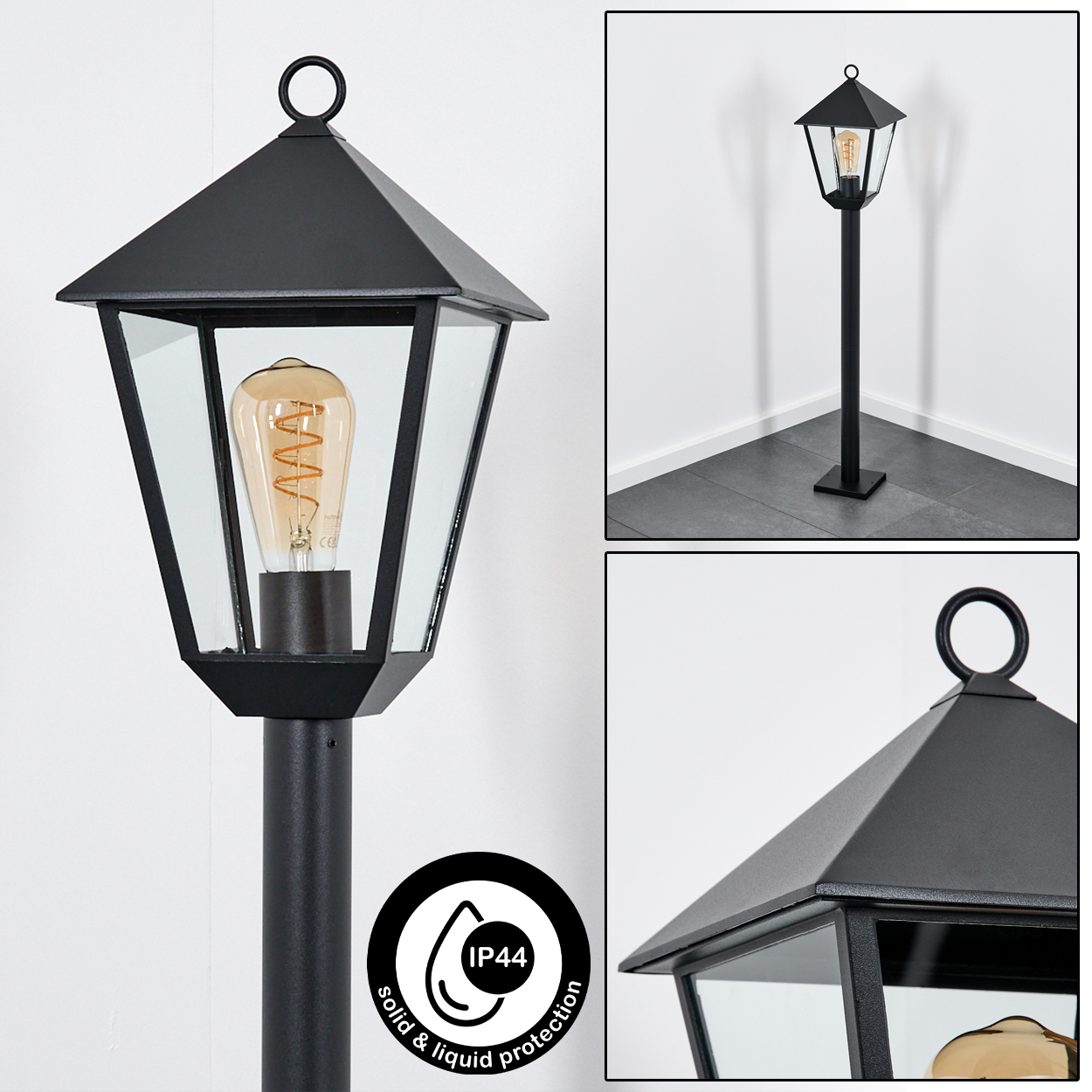 Schwarze Außenlampe mit Glasscheiben und sichtbarer Glühbirne. IP44-Symbol vorhanden. Detailaufnahmen zeigen die Merkmale der Lampe.
