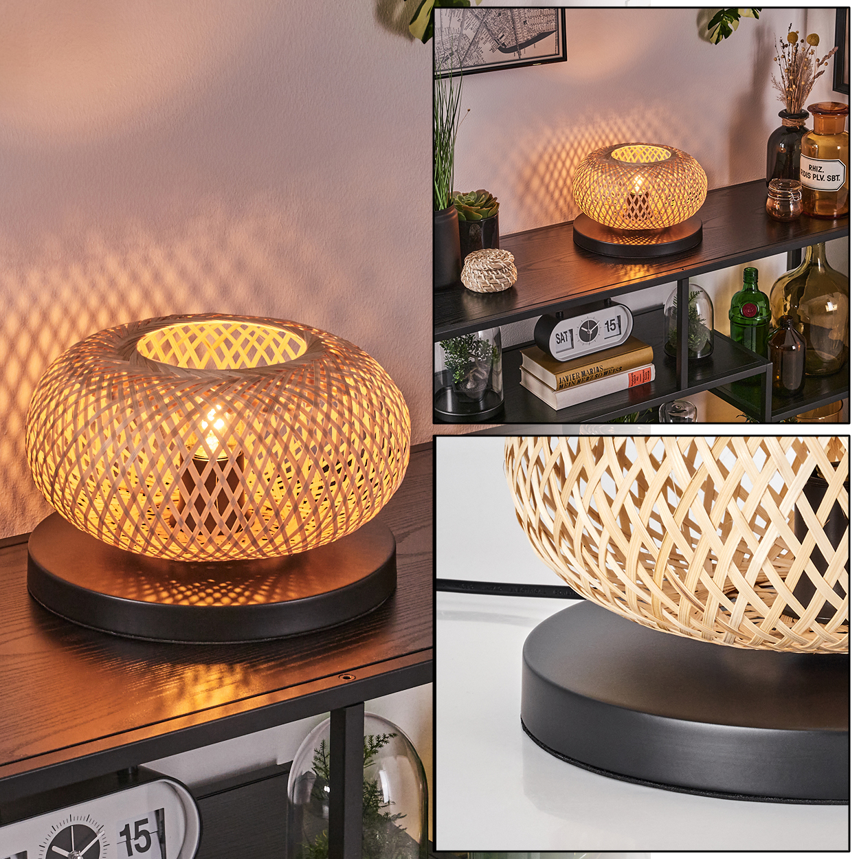 Eine Lampe aus gewebtem Bambus auf einem Regal. Sie ist rund mit einem schwarzen Sockel. Auf dem Regal befinden sich weitere Gegenstände.