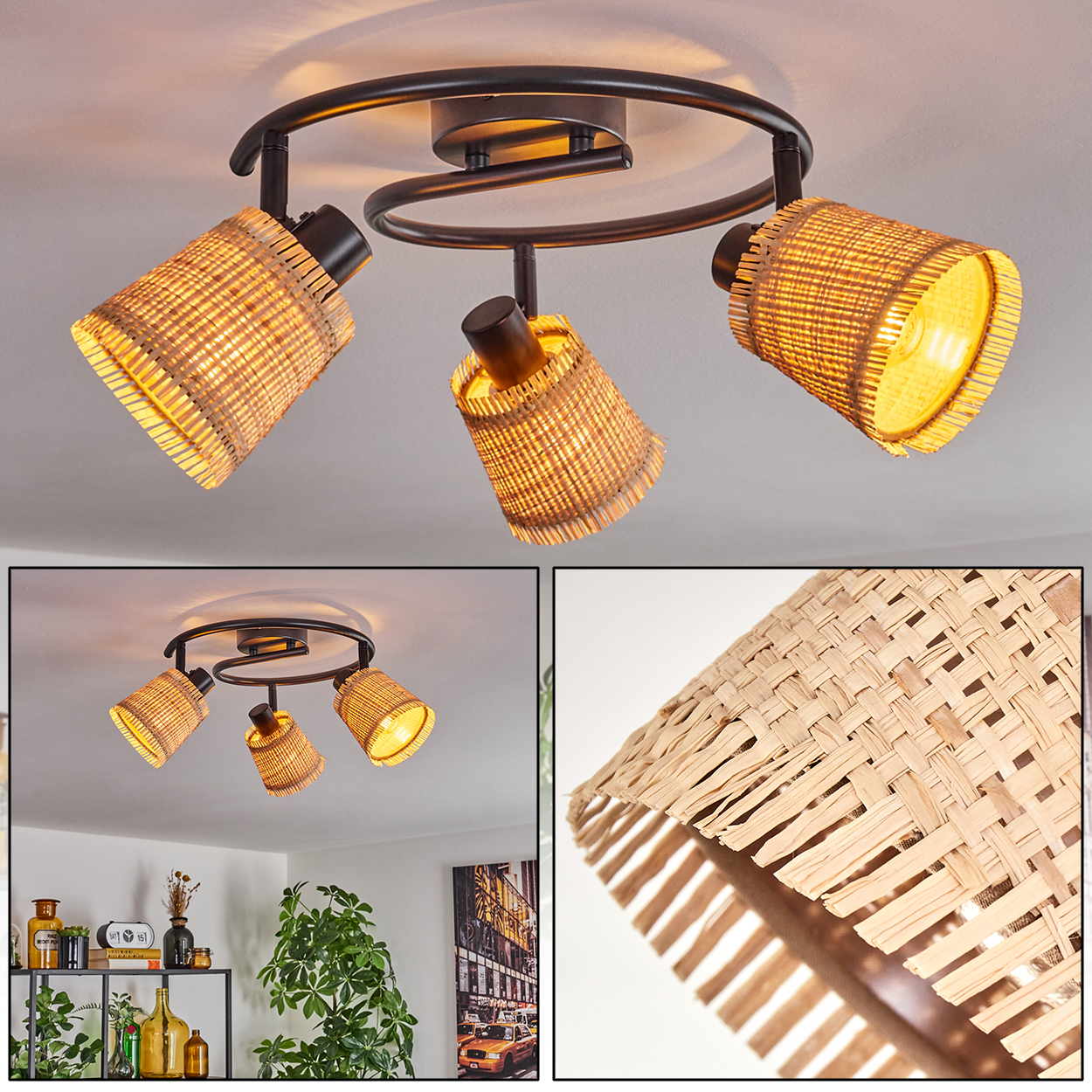 Eine Deckenlampe mit drei Korblampenschirmen. Die Lampe hat einen schwarzen Metallrahmen. Der Hintergrund ist eine weiße Decke.