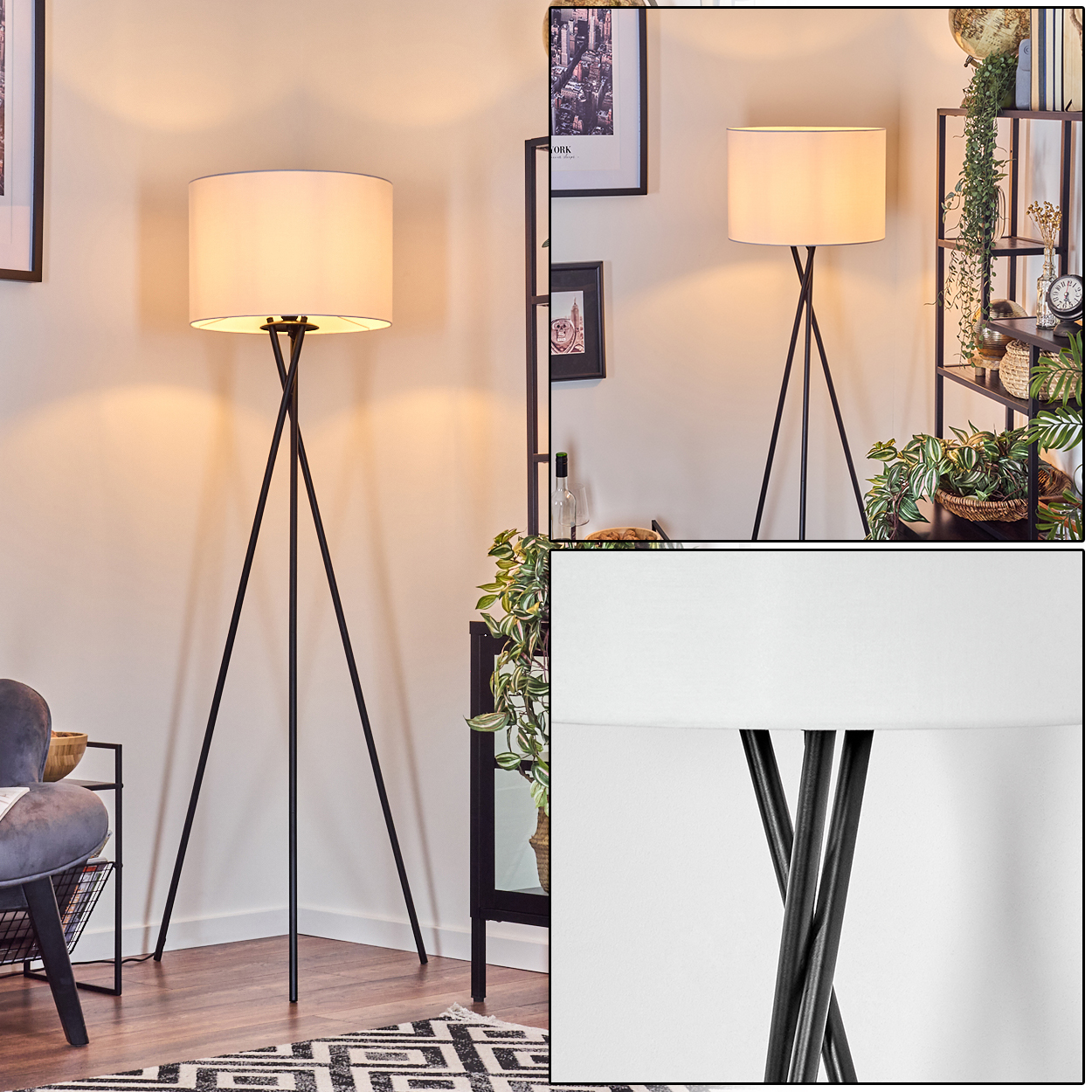 Eine schwarze Stehlampe mit weißem Lampenschirm. Ein Raum hat Pflanzen, Regale und gerahmte Bilder. Auf dem Boden liegt ein gemusterter Teppich.