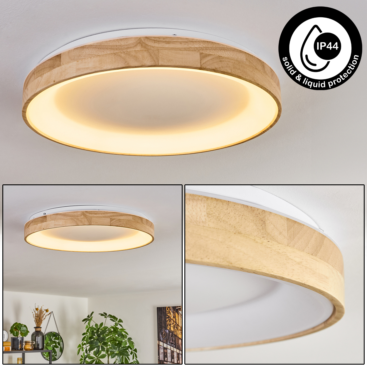 Eine runde Deckenleuchte mit Holzrahmen und weißem Diffusor. Das Licht ist eingeschaltet und hat die Schutzart IP44.