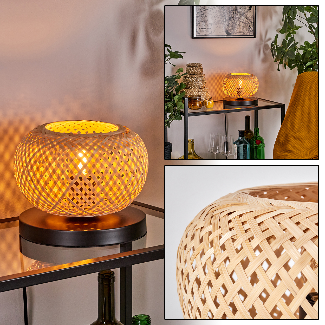 Eine gewebte Lampe mit warmem Licht steht auf einem Glastisch. Flaschen und Gläser befinden sich im Hintergrund.