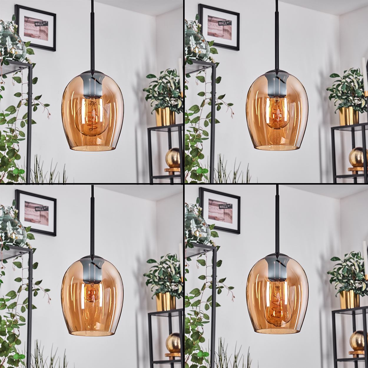 Vier Bilder einer Pendelleuchte mit bernsteinfarbenem Glasschirm, sichtbarer Glühbirne und schwarzem Stiel vor weißer Wand.
