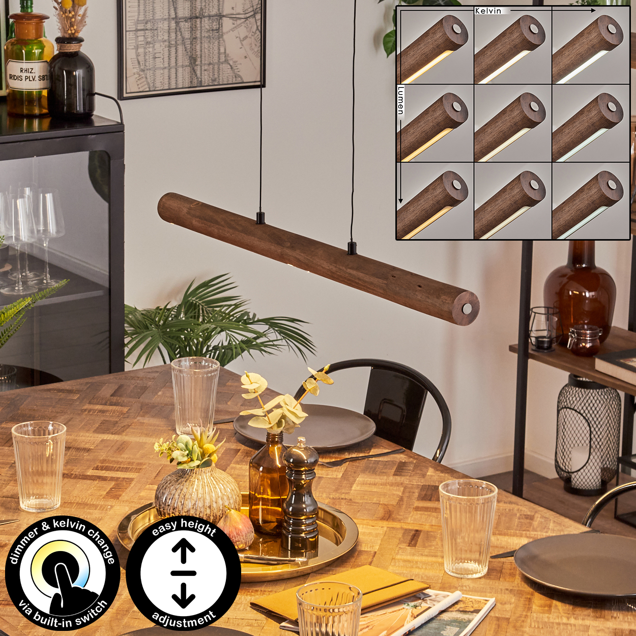 Eine Holzlampen hängt über einem Tisch, der für eine Mahlzeit gedeckt ist. Sie zeigt Dimmer- und Kelvin-Änderung und einfache Höhenverstellung.