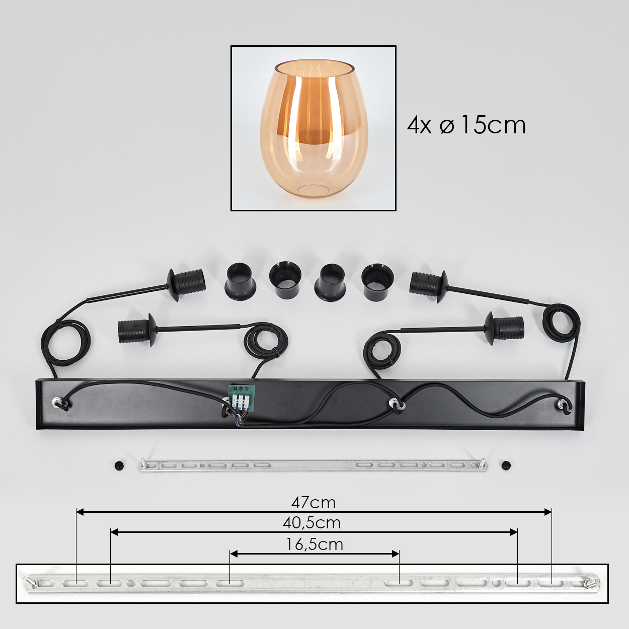 Draufsicht auf Lampenkomponenten: Glasschirm, schwarze Drähte, Metallstange und Befestigungsmaterial. Abmessungen und Maße sind angegeben.