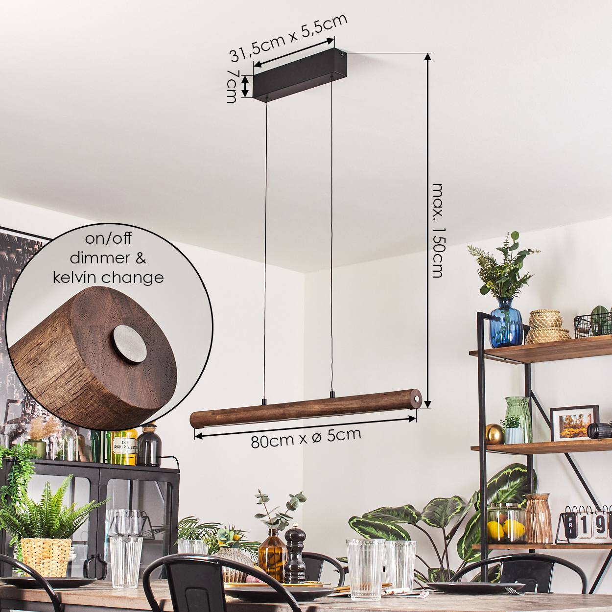 Eine Holz-Pendelleuchte hängt über einem Esstisch. Sie hat beschriftete Abmessungen, und eine Nahaufnahme zeigt einen Ein/Aus-Dimmer und Kelvin-Wechsel.