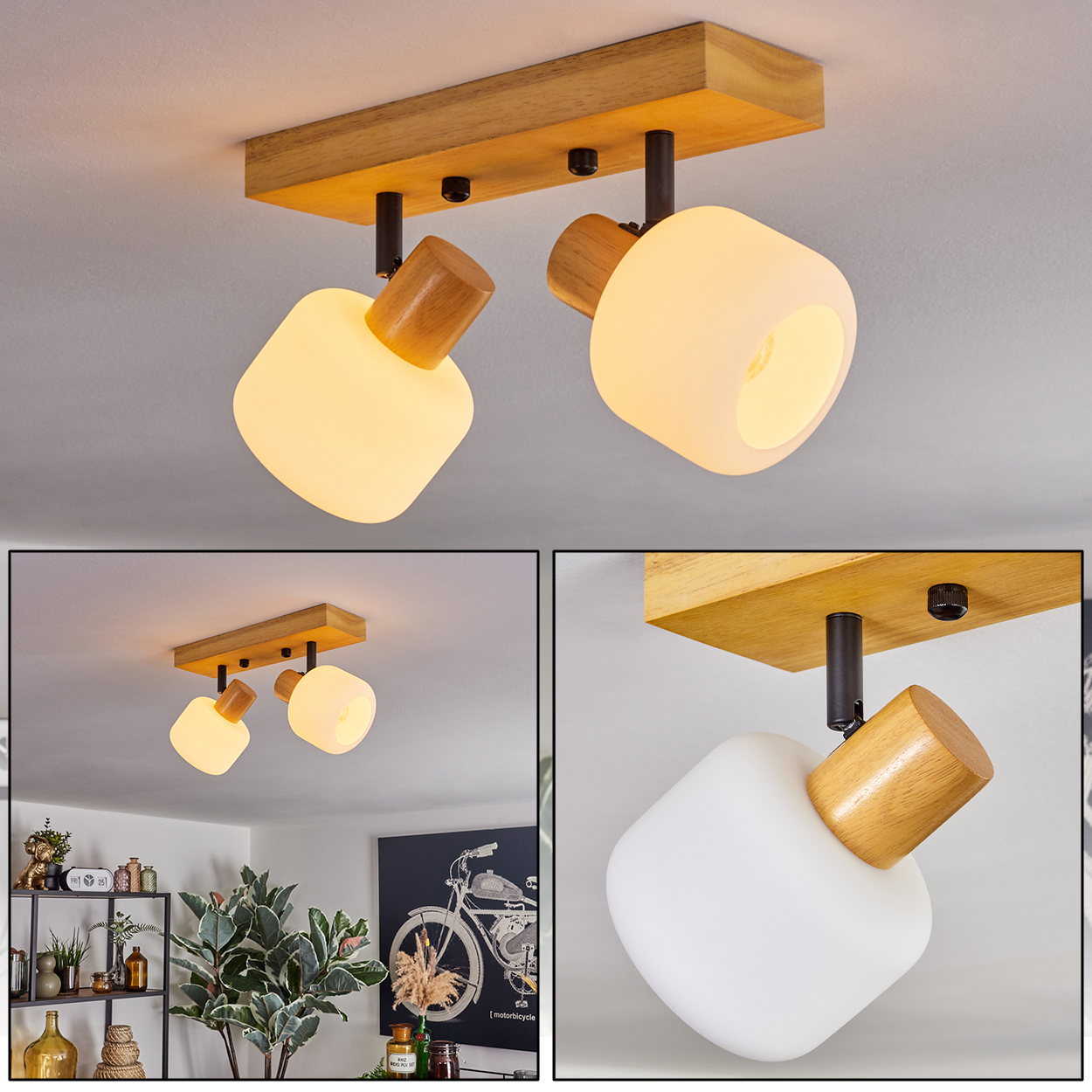 Deckenleuchte. Holzbalken mit zwei Strahlern. Jeder Strahler hat einen weißen, abgerundeten Schirm und einen Holzsockel.