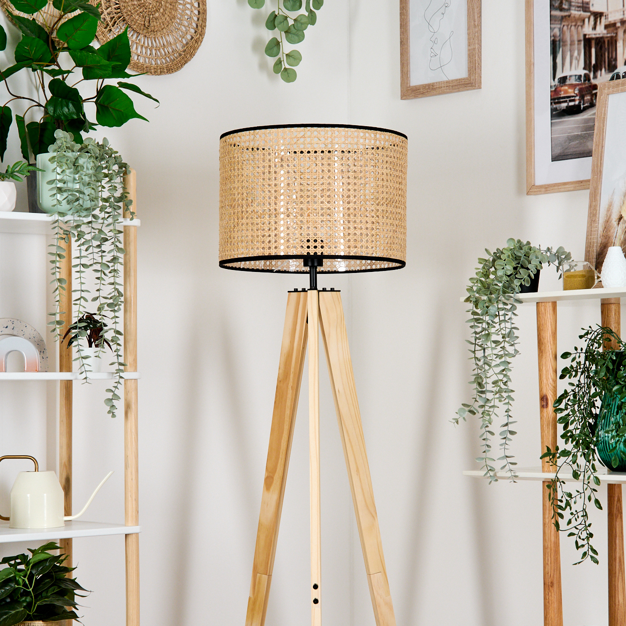 Eine Holzstativlampe mit gewebtem Lampenschirm steht in einem Raum mit Regalen und Pflanzen. Rahmen hängen an der weißen Wand.