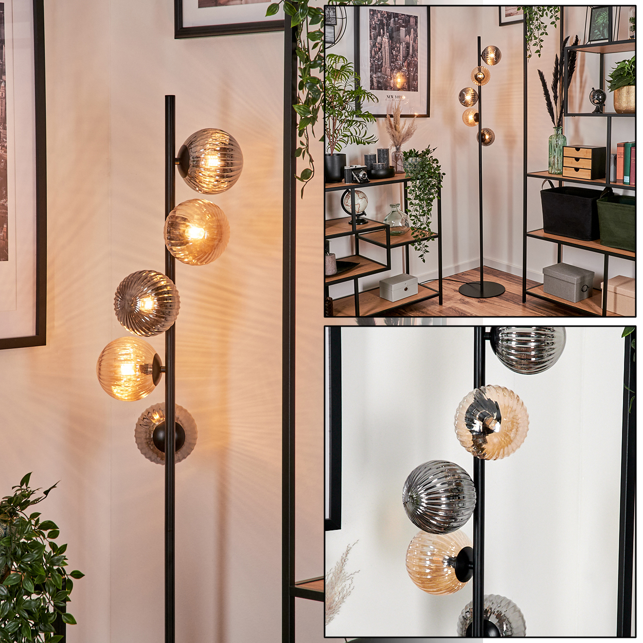 Eine Stehlampe mit mehreren Glaskugeln beleuchtet einen Raum. Im Hintergrund Regale mit Pflanzen und Dekoration.