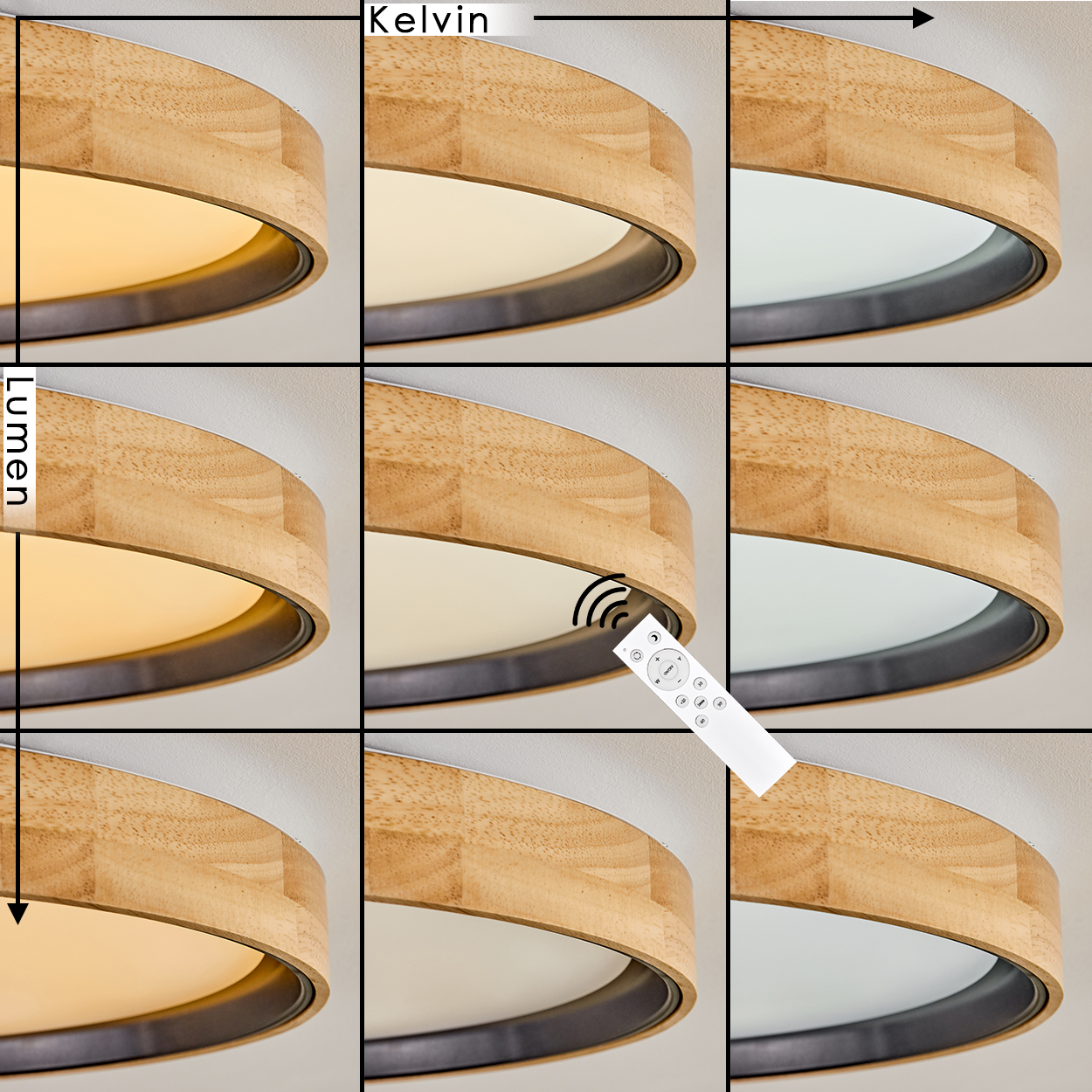 Neunfeld-Bild, das eine Deckenleuchte mit unterschiedlicher Helligkeit und Farbtemperatur zeigt. Enthält eine Fernbedienung. Das Licht ist aus Holz.