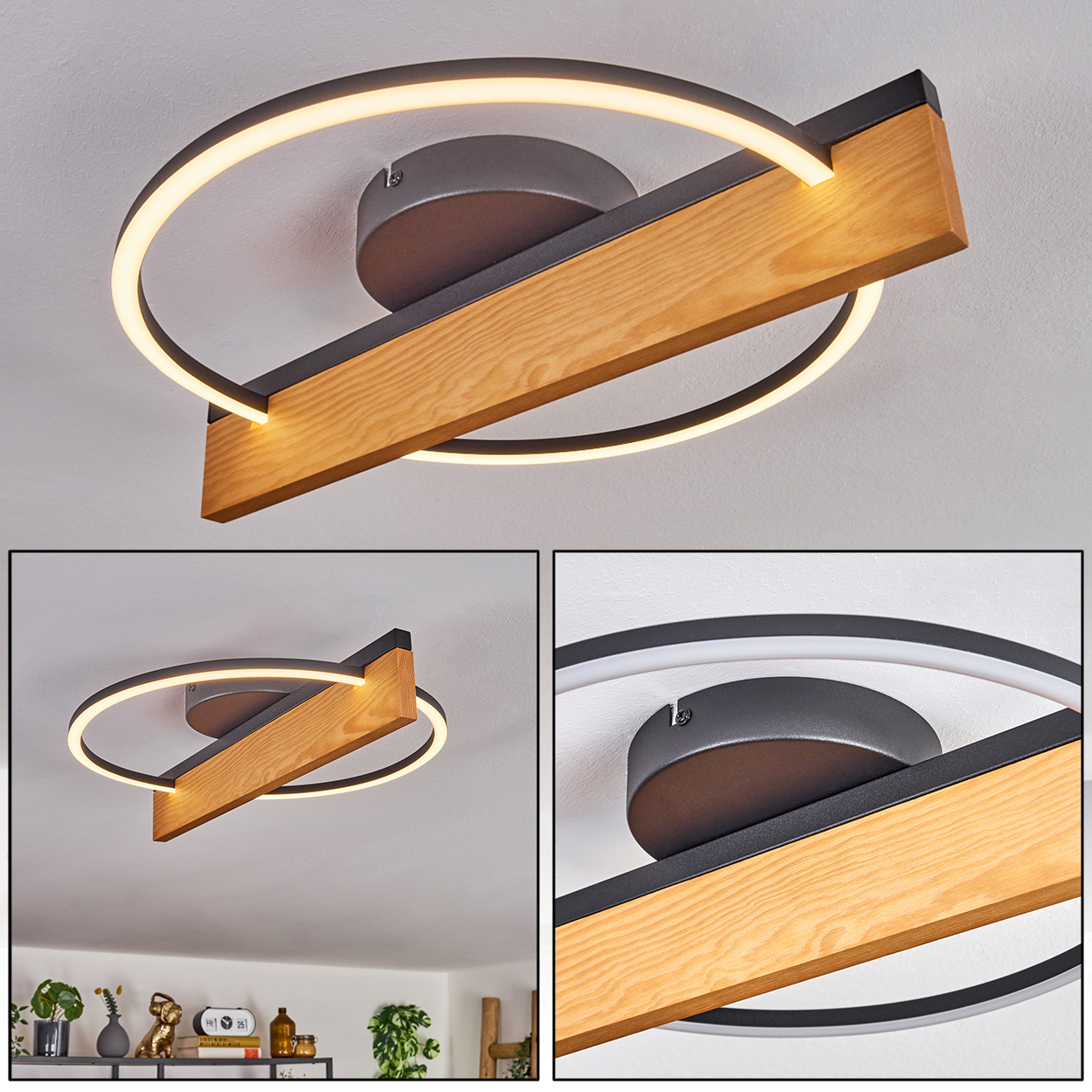 Eine moderne Deckenleuchte mit Holzbalken und kreisförmigem Licht. Die Lampe ist an einer weißen Decke montiert.