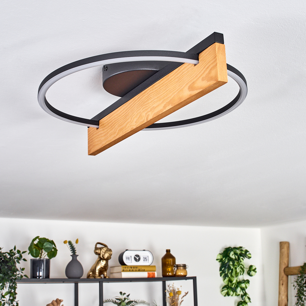 Eine moderne Deckenleuchte. Sie hat ein schwarzes und Holzdesign. Ein Regal darunter enthält Pflanzen und dekorative Gegenstände. Der Hintergrund ist weiß.