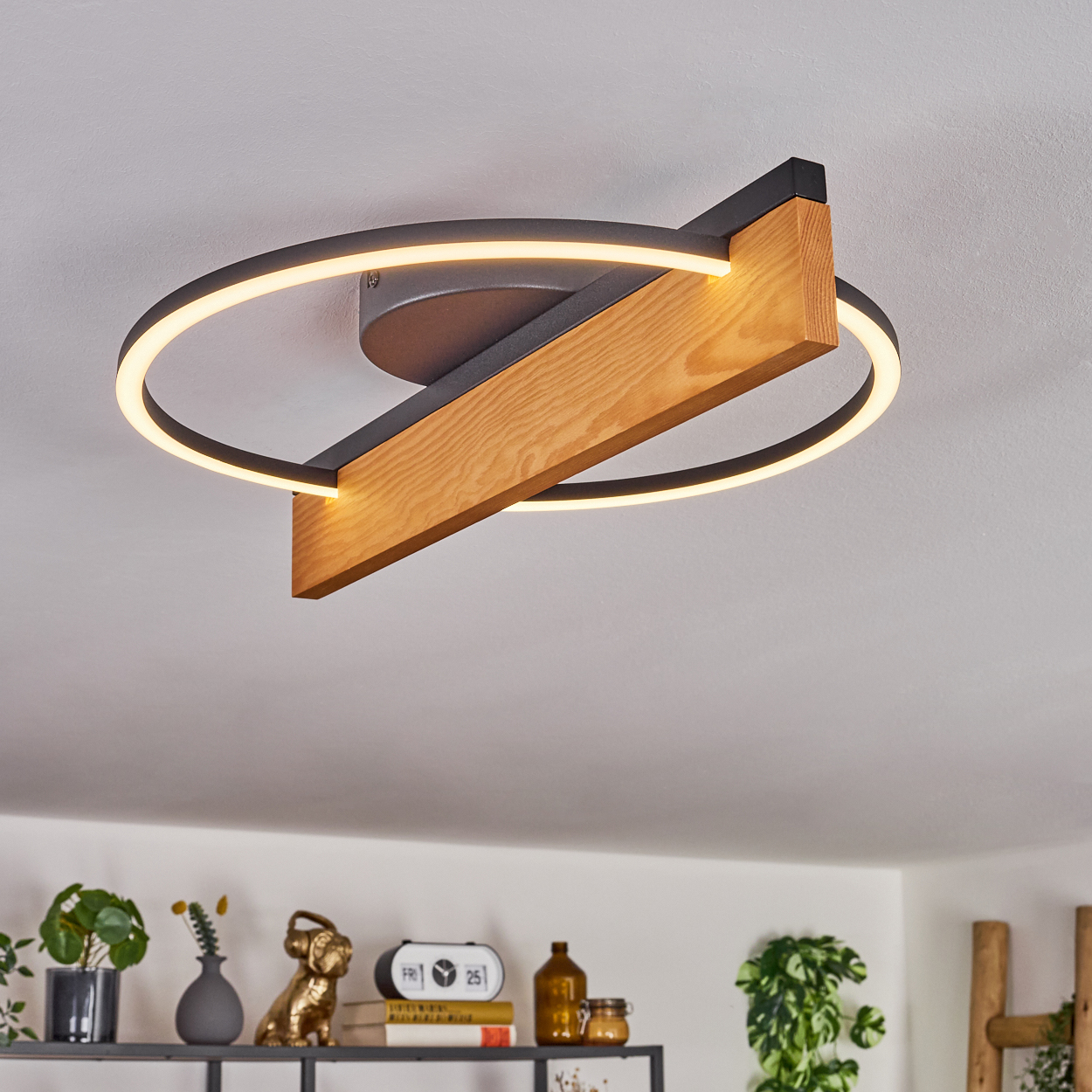 Deckenleuchte mit Holzbalken und kreisförmiger LED-Beleuchtung. Regal mit Pflanzen und Dekoration im Hintergrund.