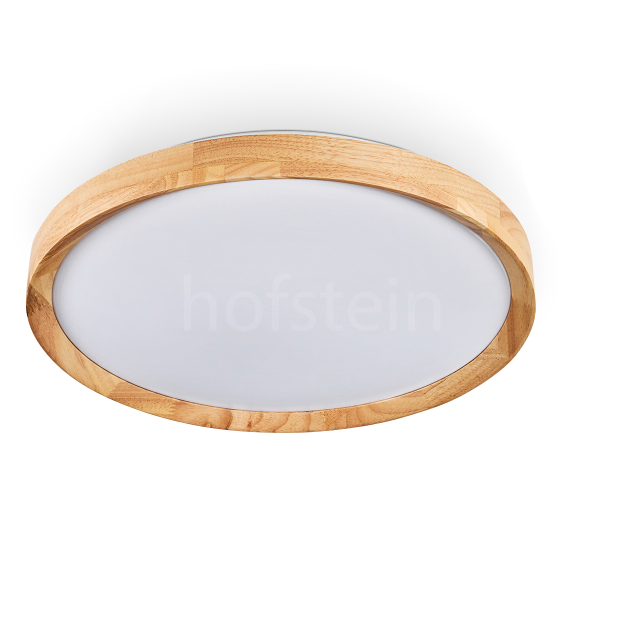 Eine holzgerahmte Deckenleuchte mit einem ovalen, weißen Lichtpaneel. Der Hintergrund ist weiß.
