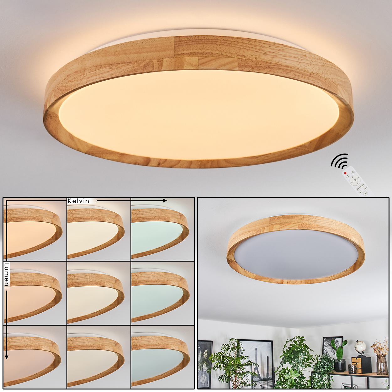 Eine Deckenleuchte mit Holzrahmen und Fernbedienung. Darunter 9 kleinere Bilder mit Lichttemperatur und Helligkeit.