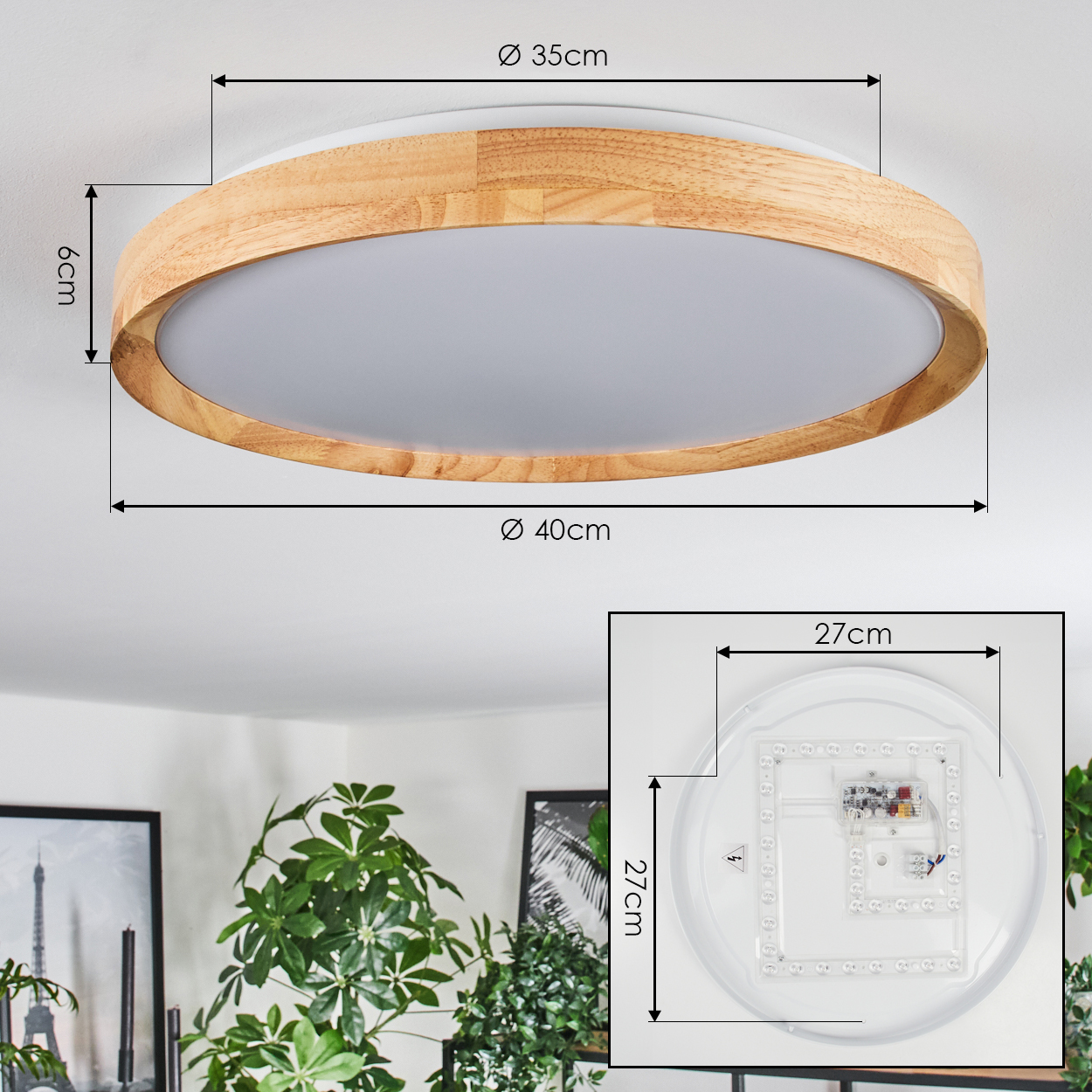 Eine Deckenlampe mit Holzverkleidung und weißem Diffusor, Maße sind angegeben. Pflanzen sind im Hintergrund.