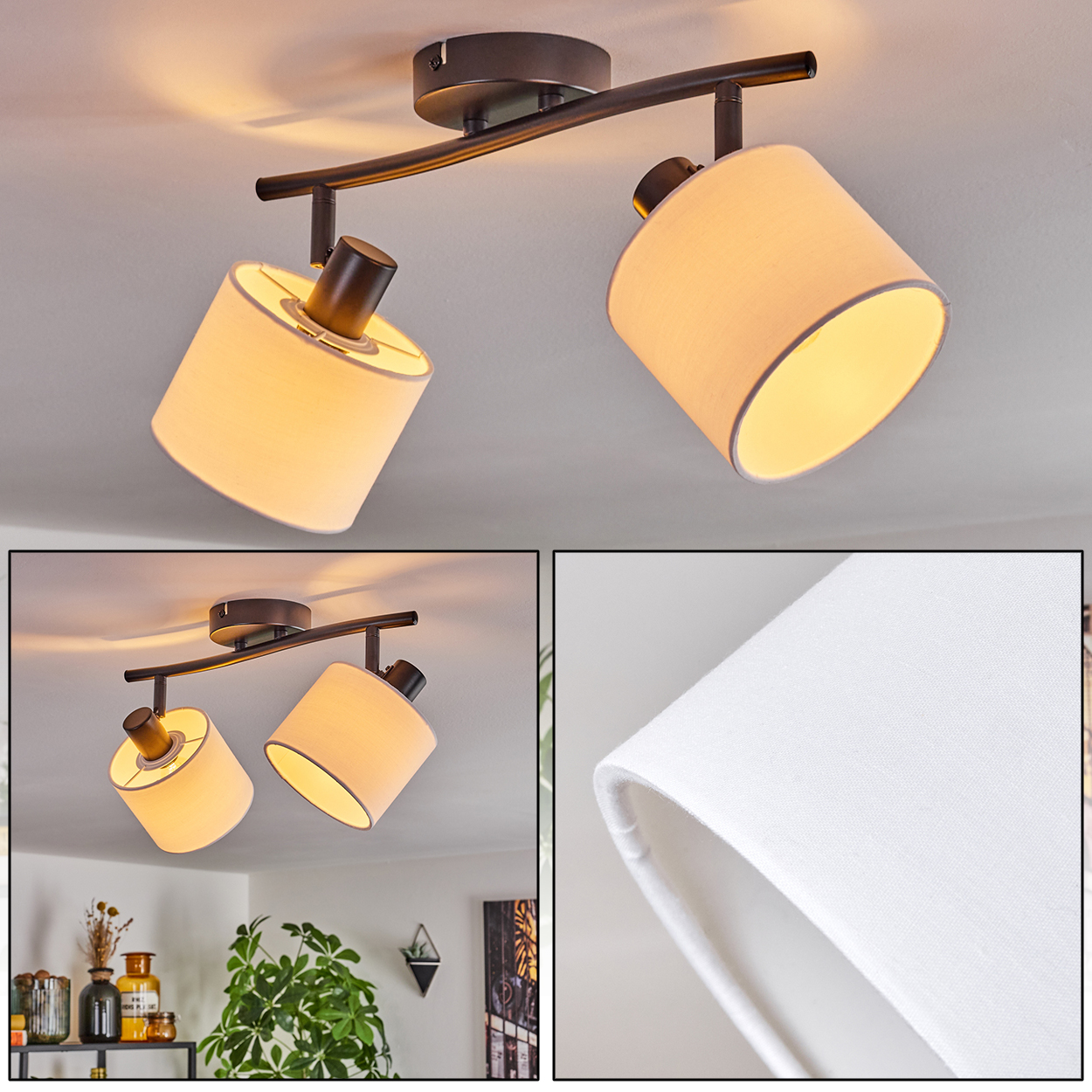 Deckenleuchte mit zwei beigefarbenen Lampenschirmen. Das Licht ist an einer dunklen Metallstange befestigt. Der Hintergrund ist weiß.
