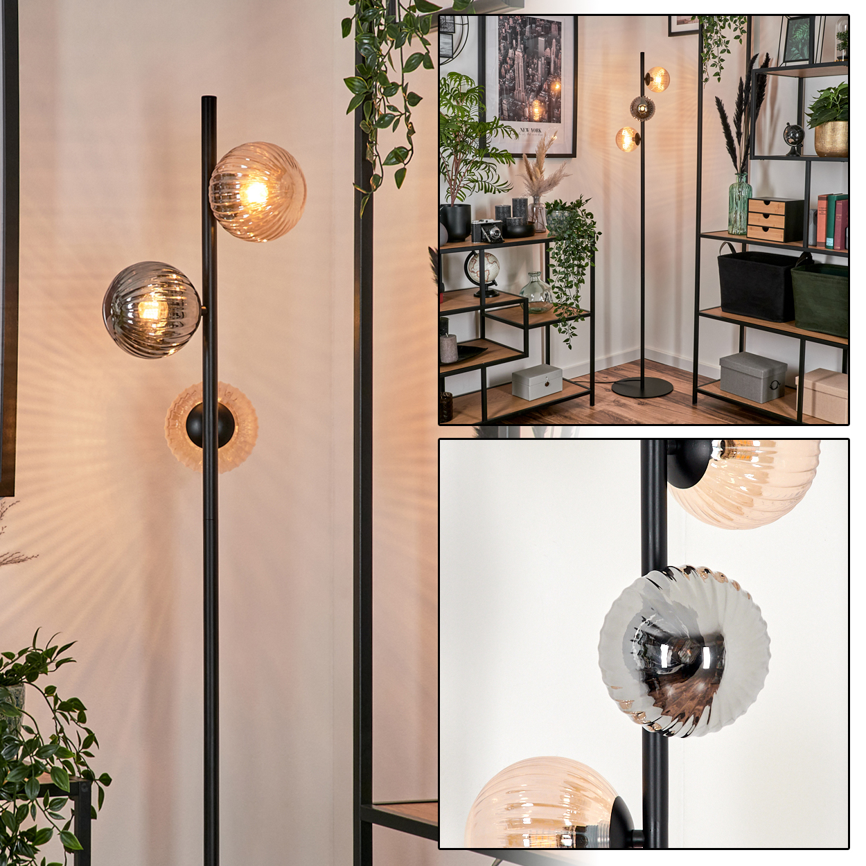 Eine hohe, schwarze Lampe mit drei Kugelleuchten. Im Hintergrund sind Regale mit Dekoration und Pflanzen. Die Lampe hat ein modernes Design.