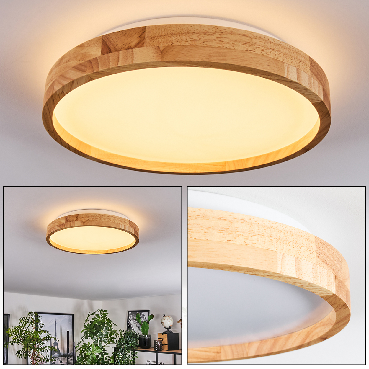 Eine runde Deckenleuchte aus Holz mit warmem, gelbem Schein. Das Licht ist von hellem Holz und einer weißen Decke umgeben.