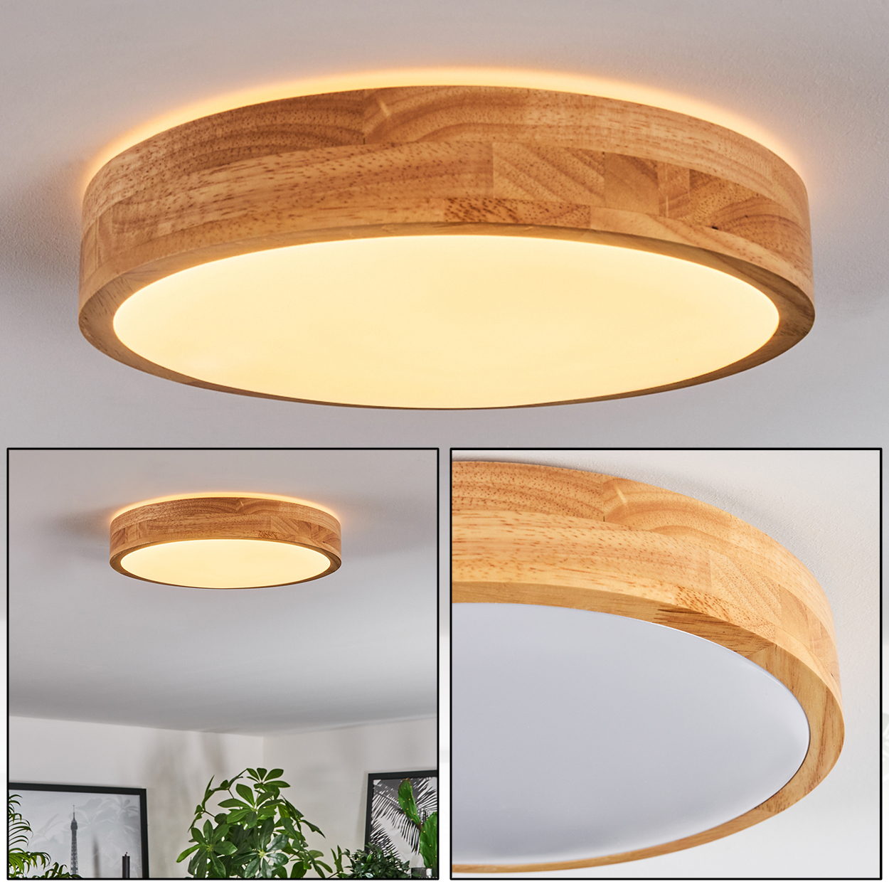 Eine kreisförmige Deckenleuchte aus Holz mit warmem Schein. Das Licht hat eine weiße Innenfläche.
