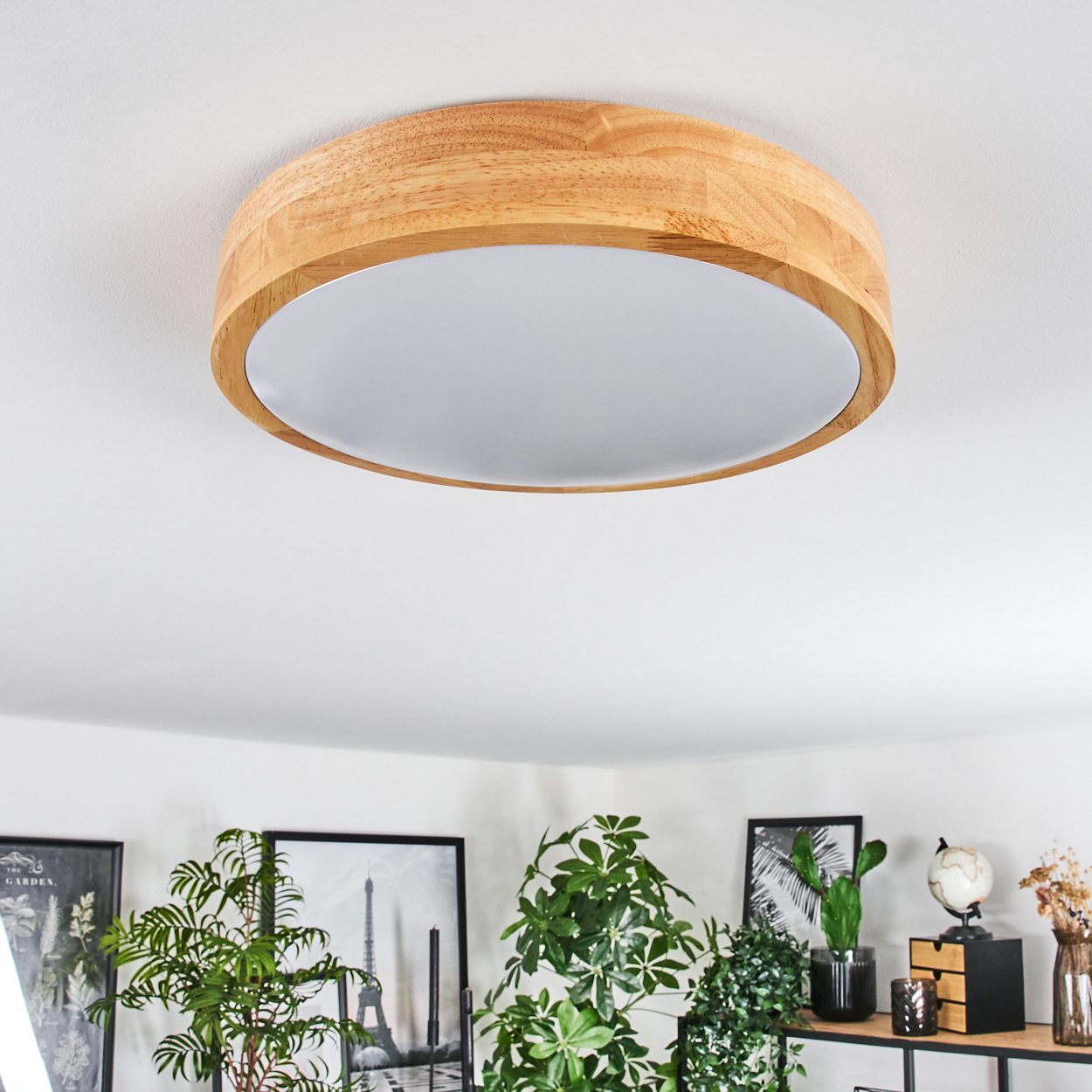 Eine Holzdeckenlampe mit weißem Licht. Darunter sind grüne Pflanzen und gerahmte Bilder ausgestellt.