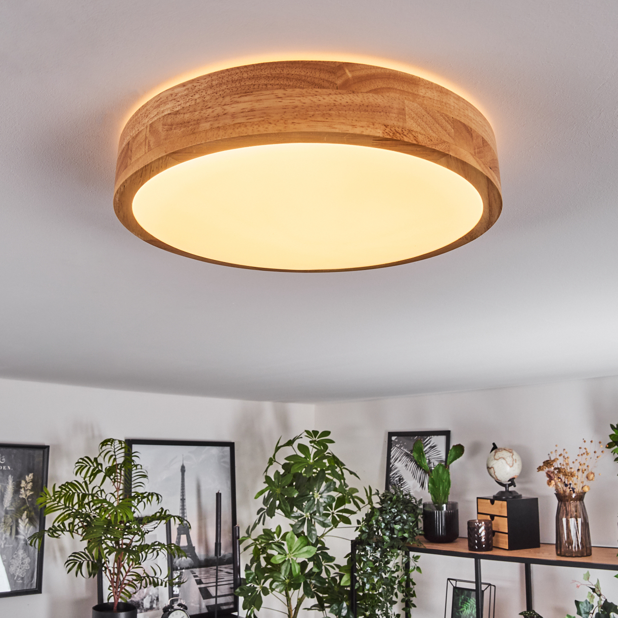Eine Holzdeckenlampe leuchtet und beleuchtet einen Raum mit Pflanzen und Dekorationen. Ein Globus und gerahmte Kunst sind sichtbar.