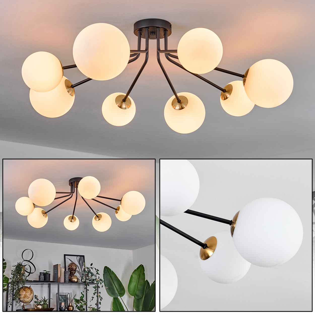 Moderne Deckenleuchte mit mehreren kugelförmigen Lampen. Die Lampen sind weiß, der Rahmen schwarz mit goldenen Details.