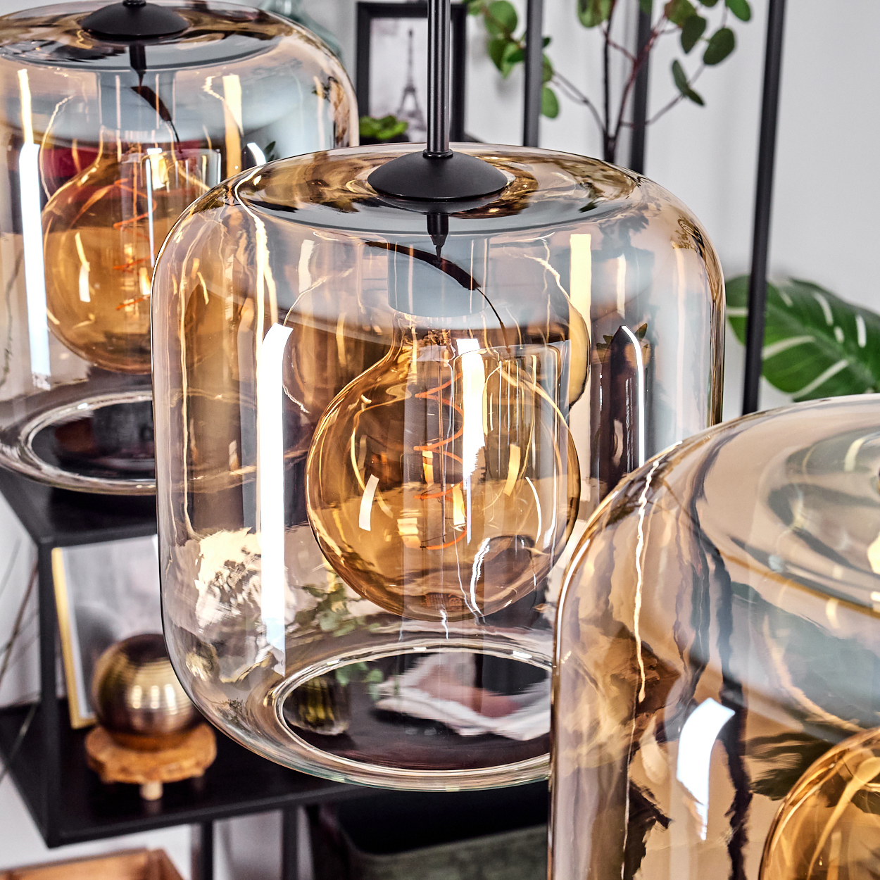 Drei Glas-Pendelleuchten mit bernsteinfarbenen Glühbirnen hängen. Im Hintergrund sind Regale und Pflanzen. Die Leuchten haben ein modernes Design.