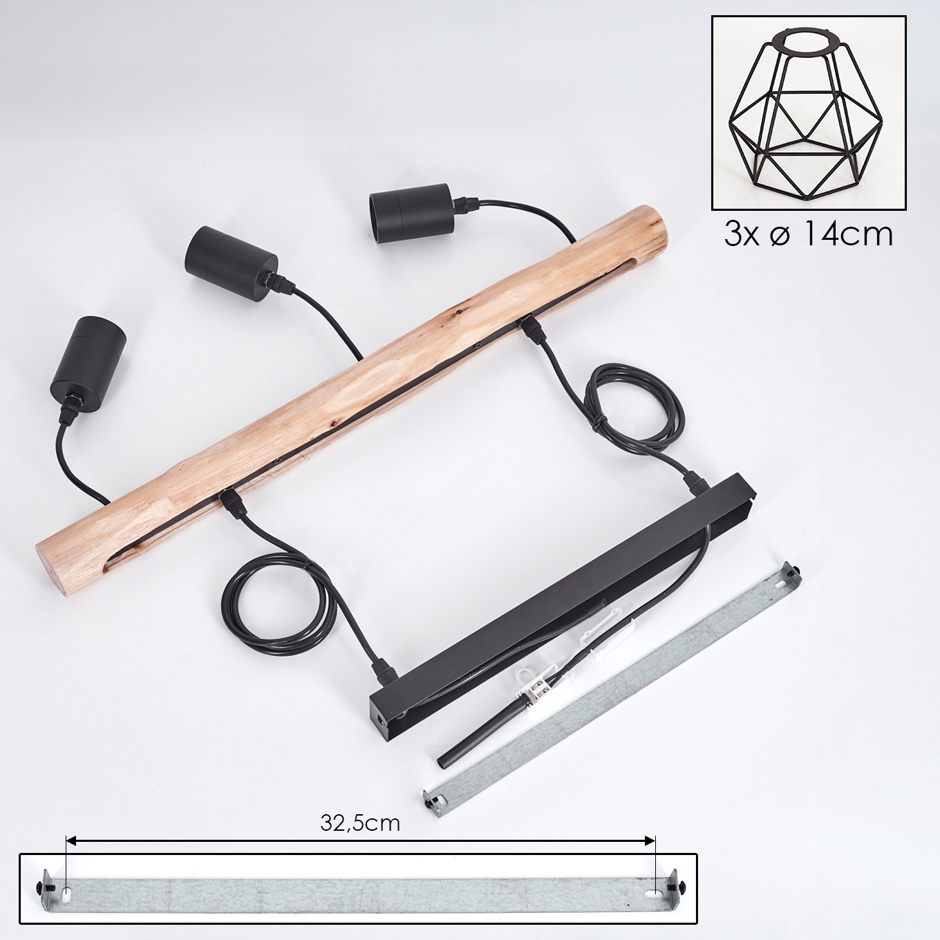 Holzlampenfassung mit drei schwarzen Lichtern, einem schwarzen Metallrahmen und einer Metallhalterung. Eine Abbildung eines Lampenschirms.