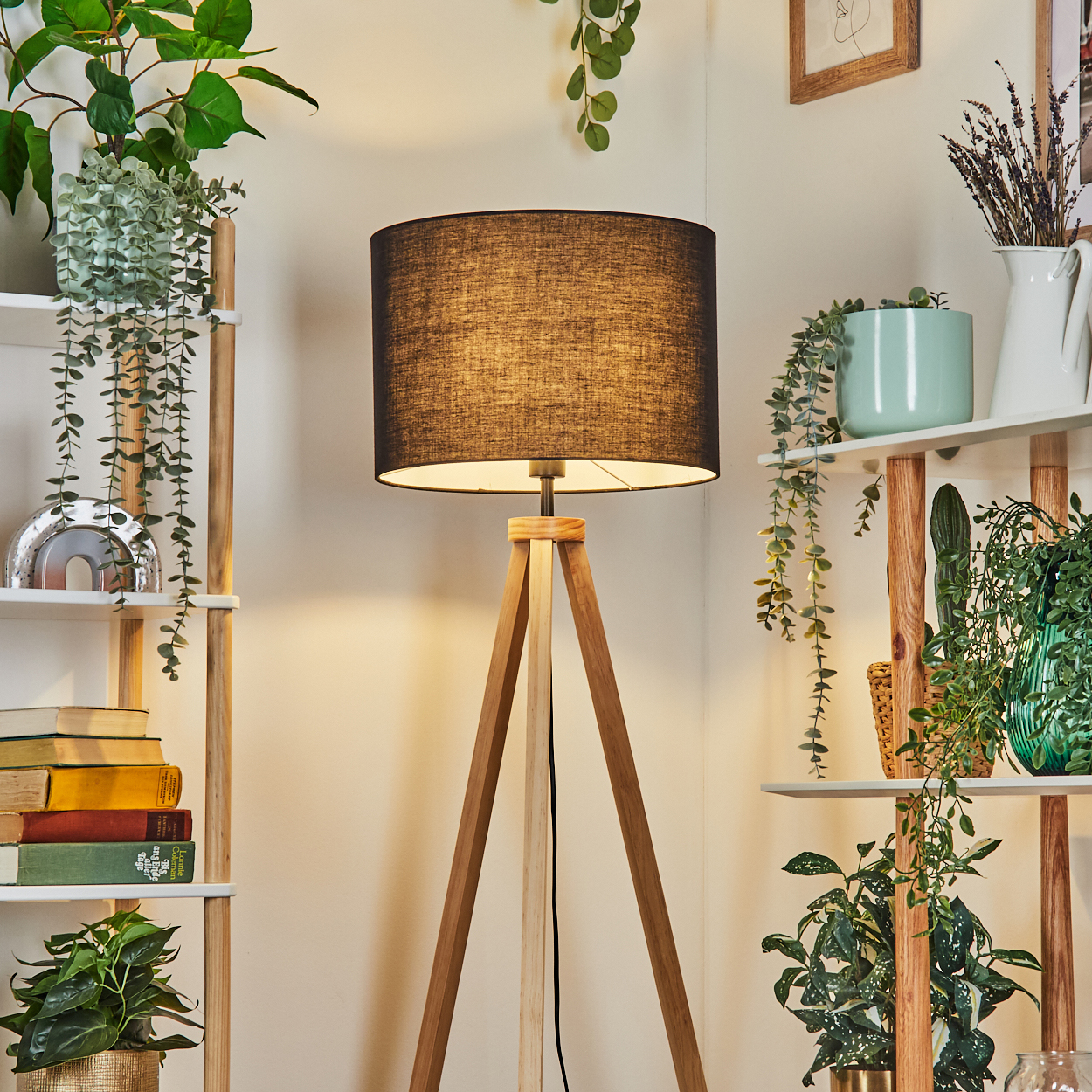 Eine hölzerne Stativlampe mit schwarzem Lampenschirm. Regale mit Pflanzen, Büchern und dekorativen Gegenständen umgeben die Lampe.