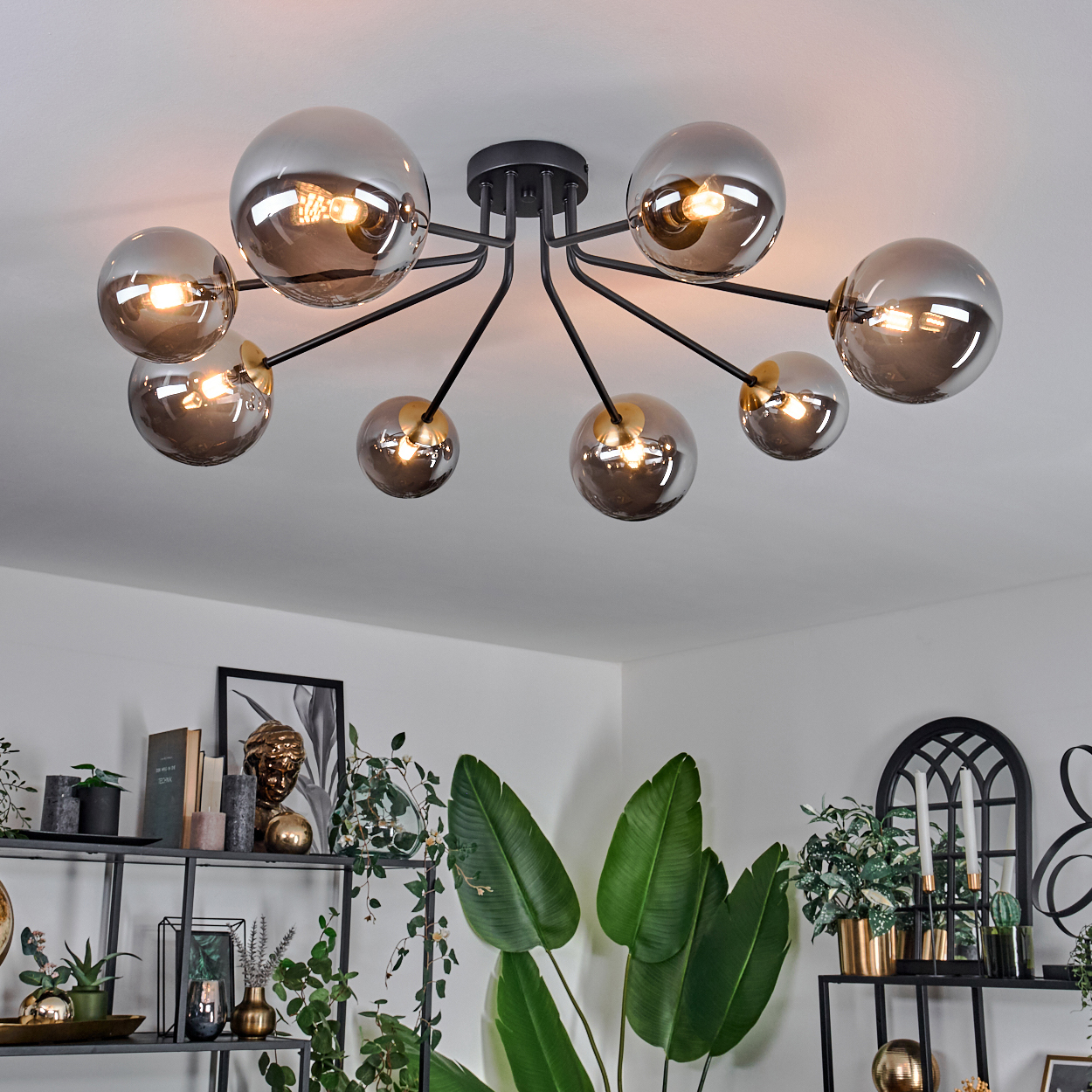 Deckenleuchte mit mehreren kugelförmigen Lampen. Darunter ein Wohnzimmer mit Pflanzen, Regalen und Dekorationsartikeln.