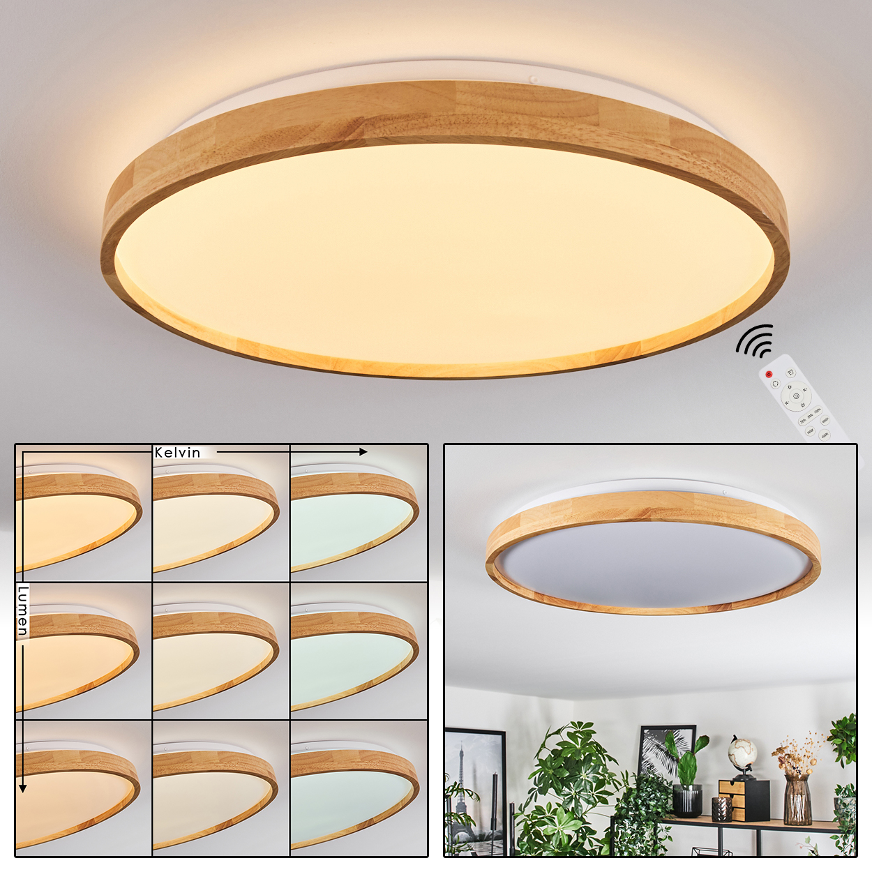 Eine moderne, runde Deckenlampe mit Holzrahmen und einstellbaren Lichteinstellungen, gezeigt mit Fernbedienung.