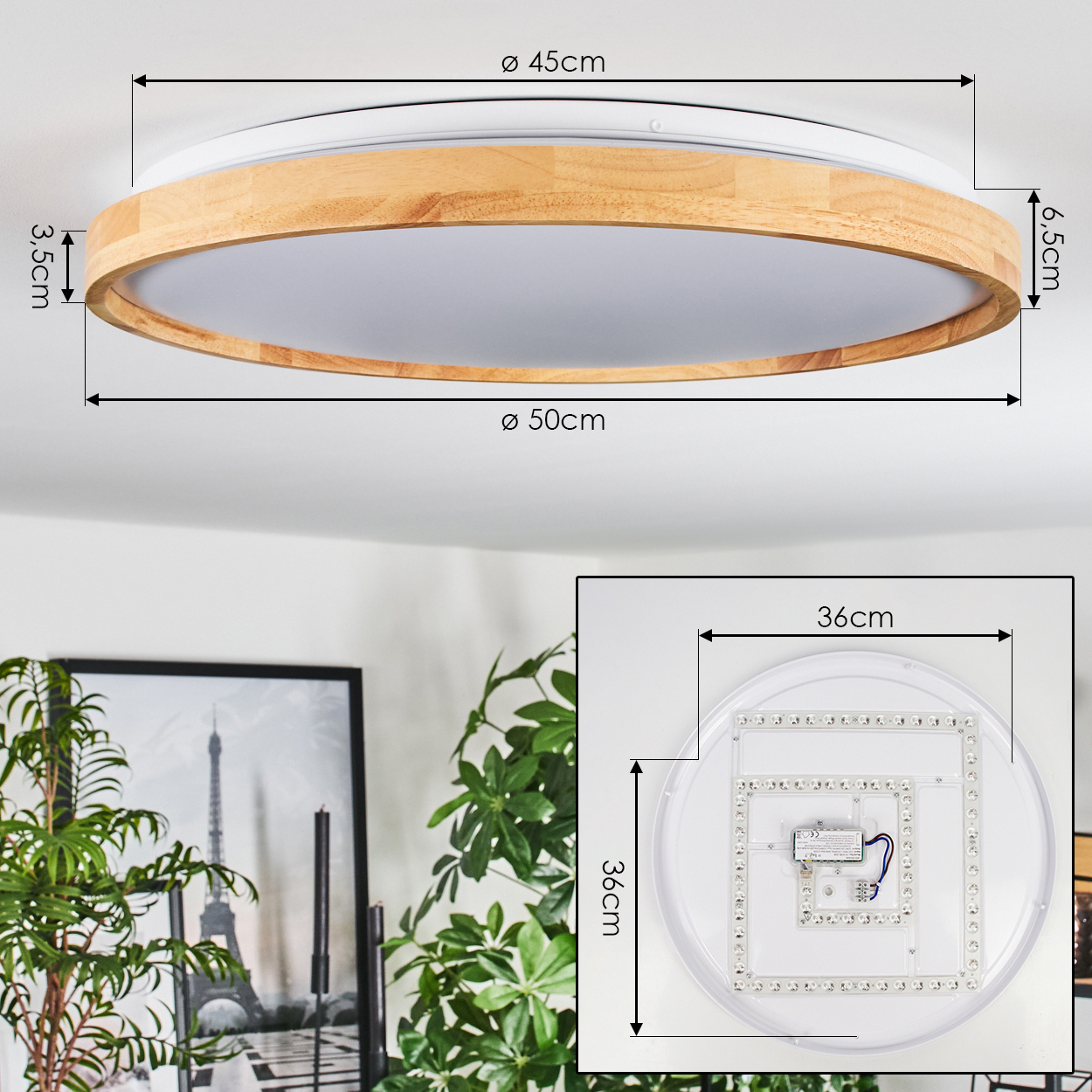 Eine Deckenlampe mit Holzring. Abmessungen werden angezeigt. Im Hintergrund ein Bild und einige Pflanzen.
