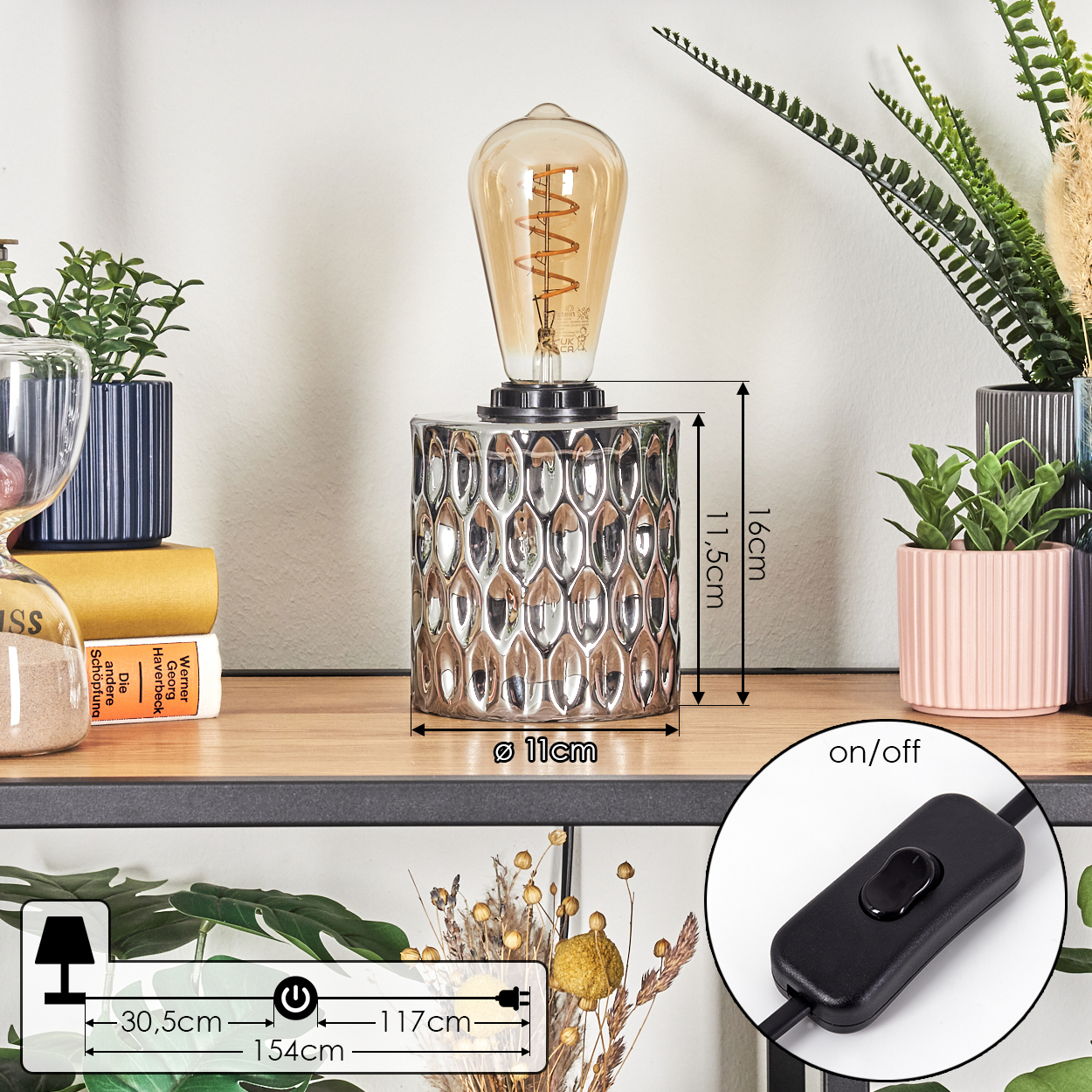 Eine dekorative Lampe mit Glühbirne und silbernem Sockel steht auf einem Regal mit Pflanzen und Büchern. Ein Ein-/Ausschalter ist sichtbar.