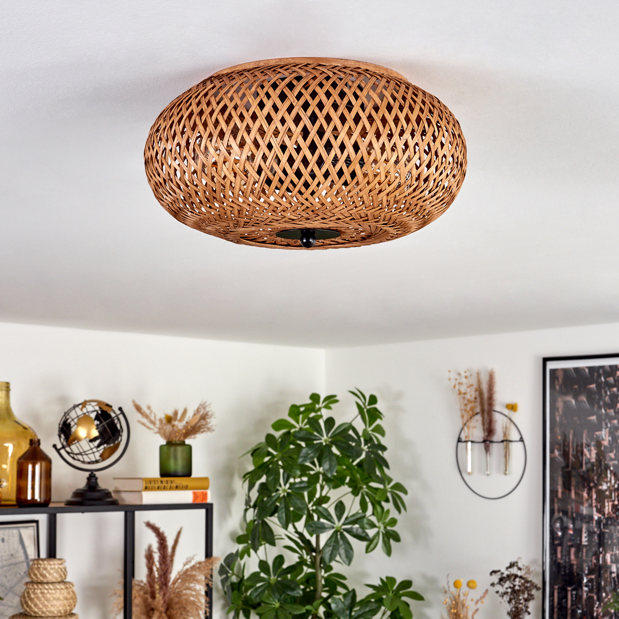Geflochtene Deckenlampe. Darunter ein Regal mit Dekor, Pflanzen und einem Globus. Rechts eine große Pflanze.