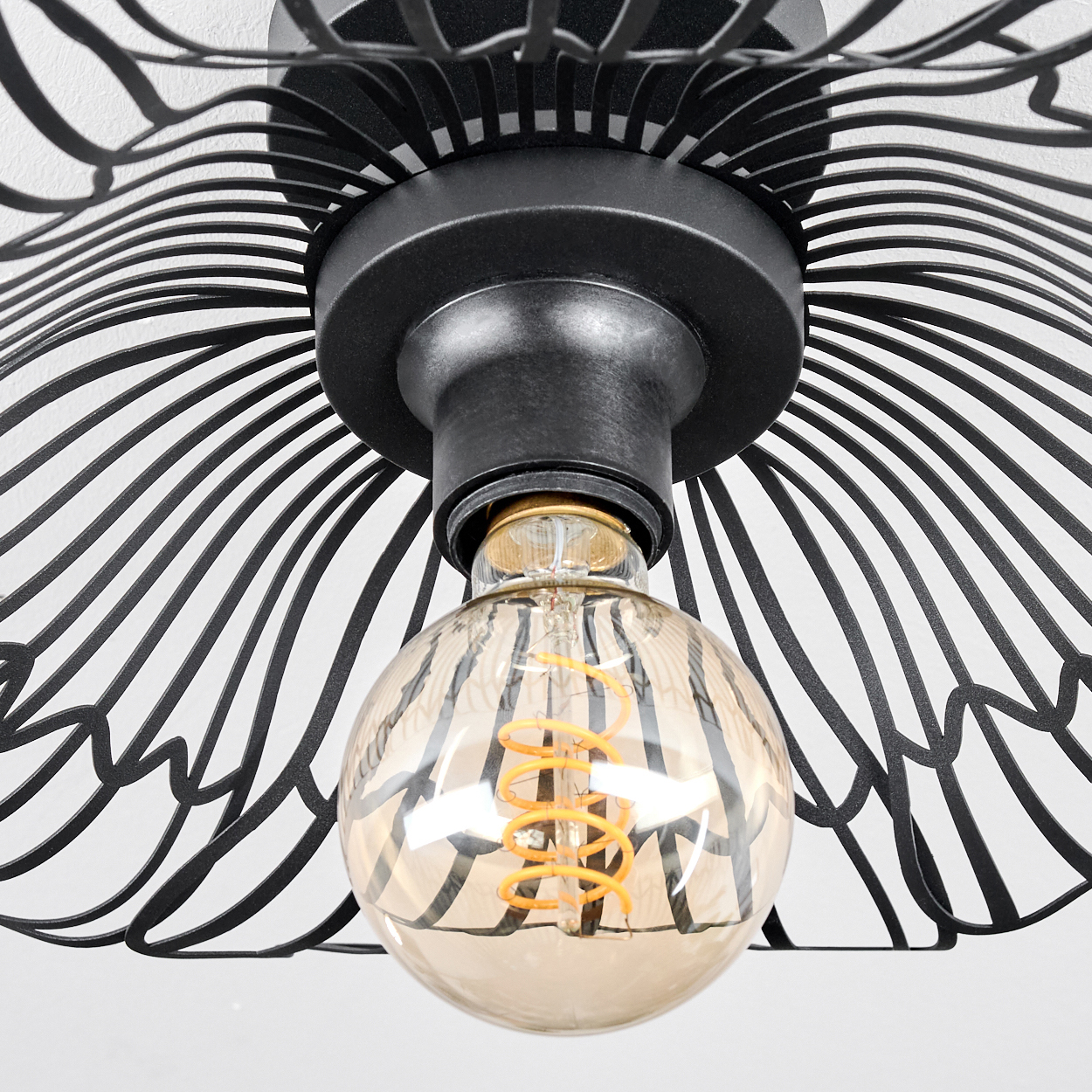 Nahaufnahme einer schwarzen Metall-Deckenlampe mit sichtbarer Glühbirne. Die Glühbirne hat einen Wendelfaden im Inneren und einen weißen Hintergrund.