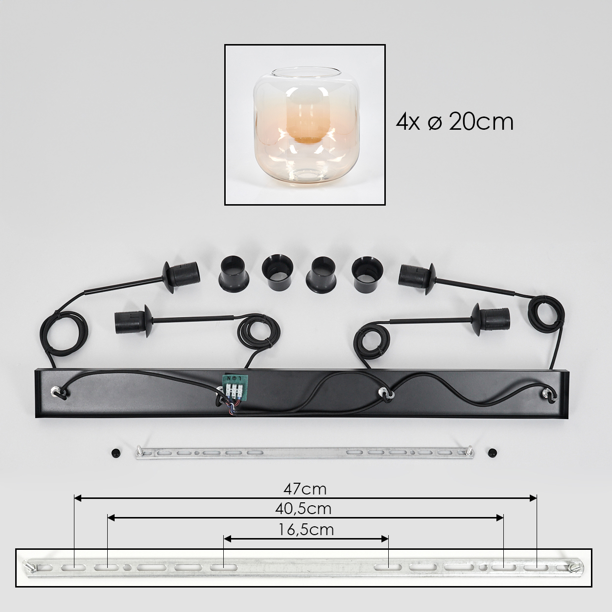 Draufsicht zeigt Leuchtenbestandteile. Ein Glasschirm, schwarze Leiste, Fassungen und Befestigungsmaterial auf weißem Hintergrund.