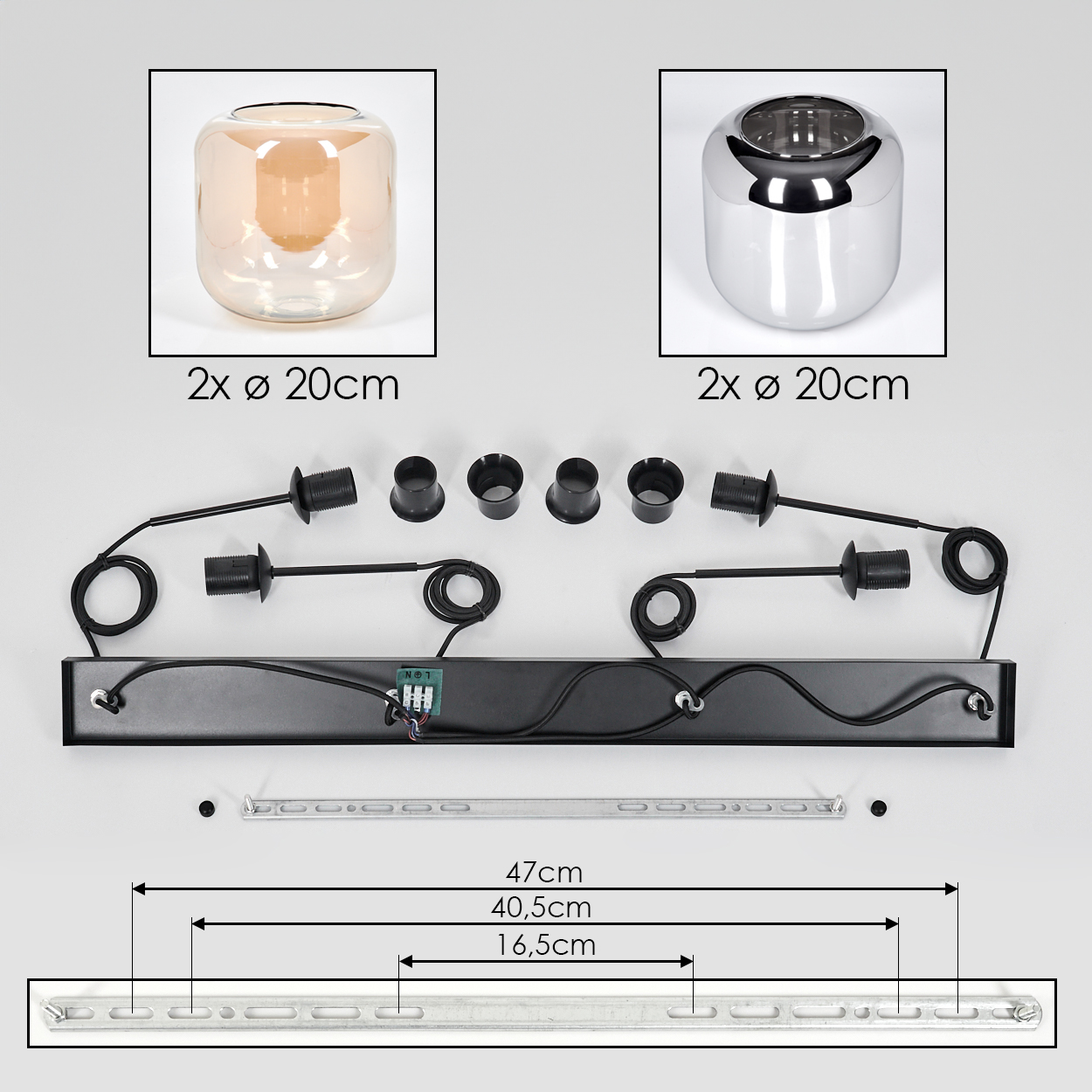 Komponenten einer Lampe: zwei Lampenschirme, Verkabelung, Fassungen und eine Montageplatte. Abmessungen in cm. Hintergrund ist neutral.