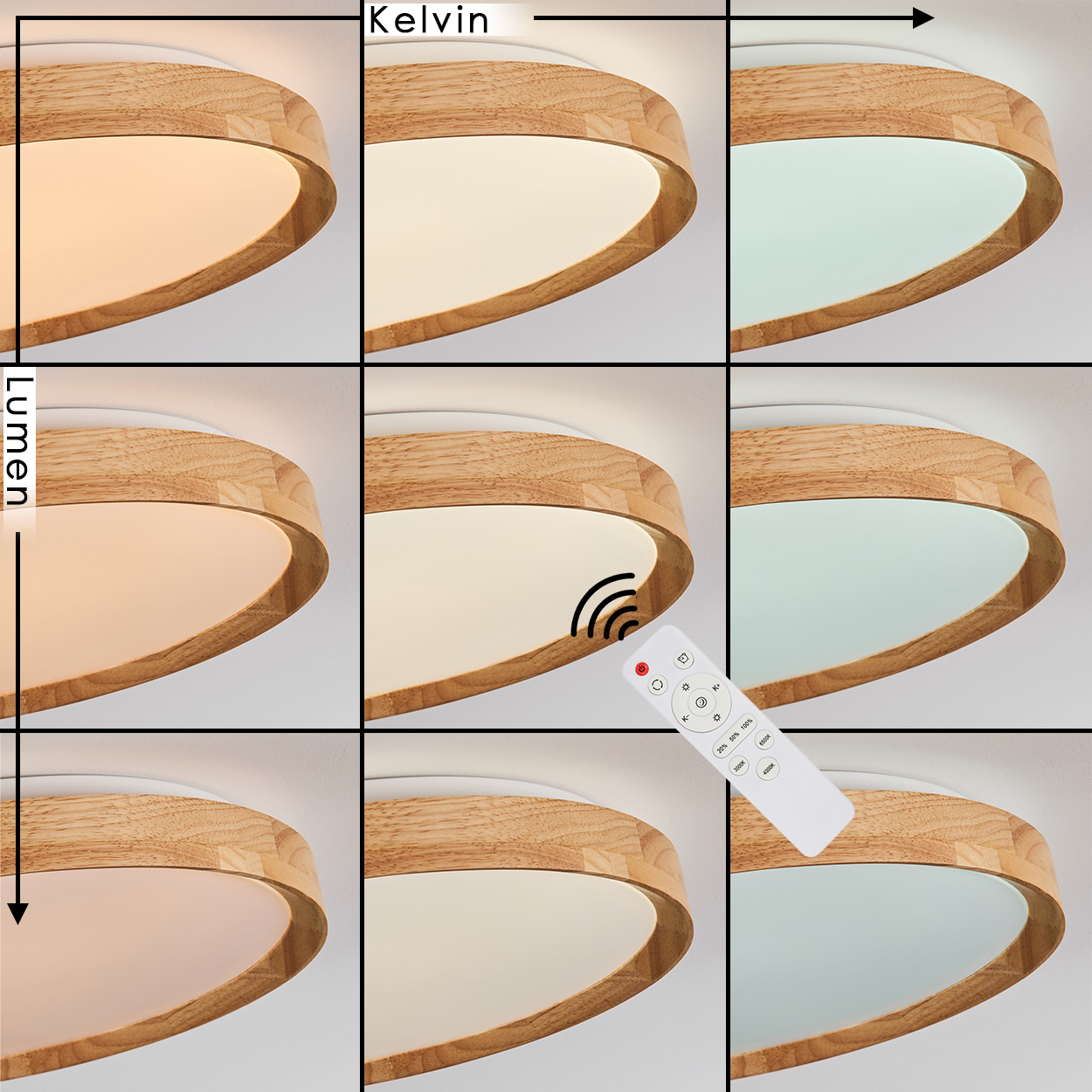 Neun Bilder zeigen eine Deckenleuchte mit Holzverkleidung und einstellbaren Lichtfarben und Helligkeit. Eine Fernbedienung ist sichtbar.