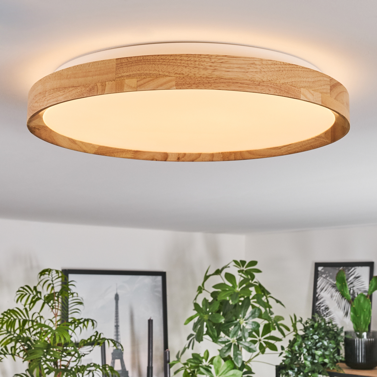 Eine Deckenleuchte aus Holz mit hellem, kreisförmigem Licht. Im Hintergrund grüne Pflanzen und gerahmte Bilder.