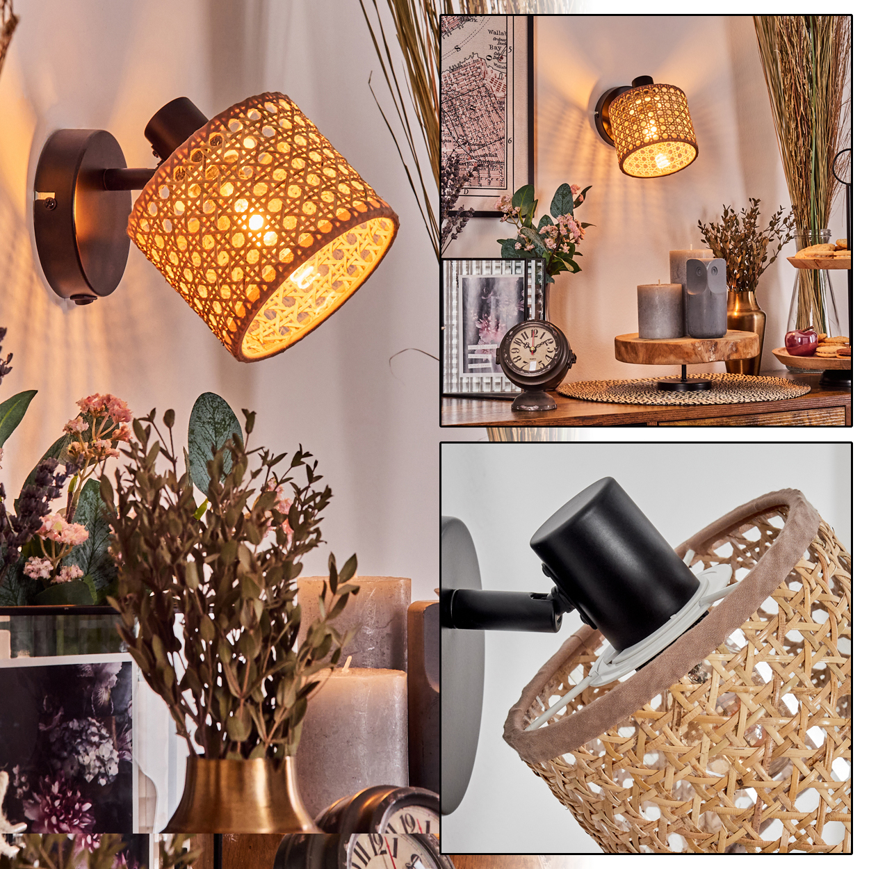 Eine Wandlampe mit gewebtem Lampenschirm ist beleuchtet. Im Hintergrund sind weitere Dekorationsartikel, Kerzen und Pflanzen zu sehen.
